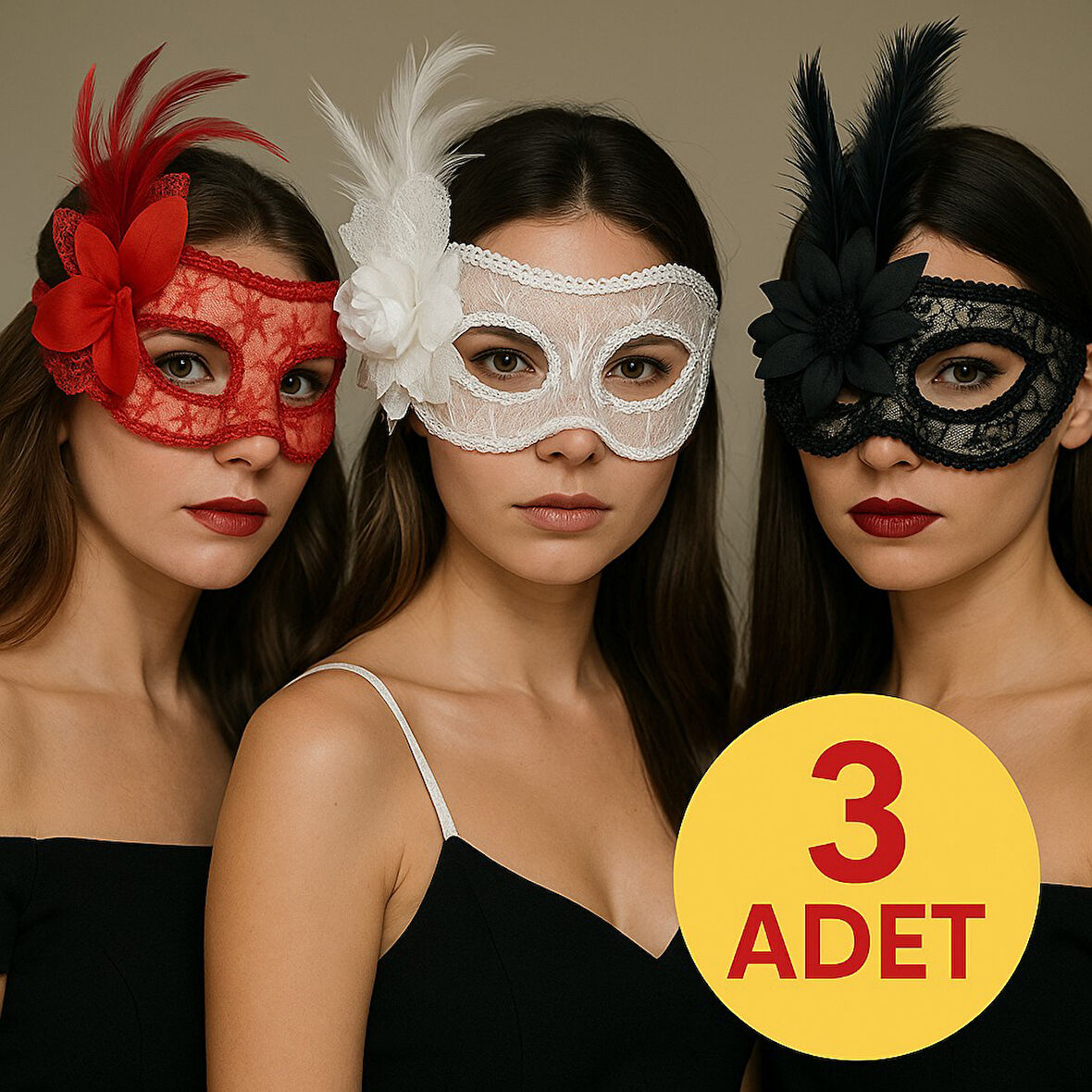 3 lü Dantel Desenli Çiçek Ve Tüylü Parti Maske Seti - 3 ADET