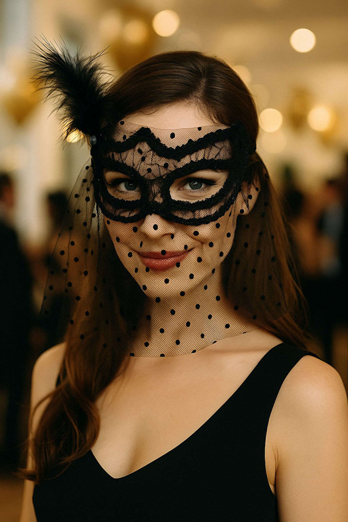 Siyah Tüllü Noktalı Tüylü Dantel Maske Parti Aksesuarı Kadın Gözlük Maskesi Şık Tasarım Ürün