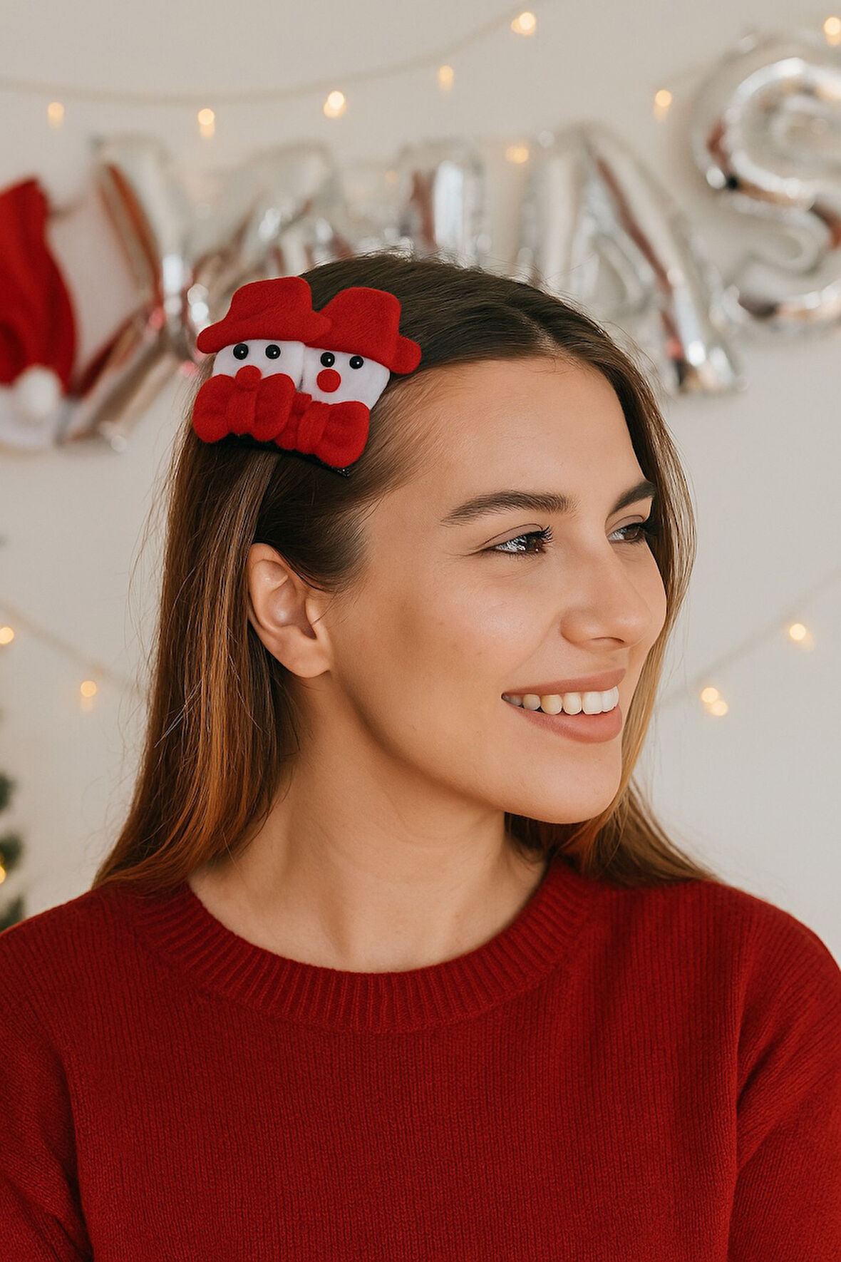 Yılbaşı Temalı Noel Baba Figürlü Keçe Saç Tokası 2li Set Parti Aksesuarı Kırmızı Beyaz Model 3