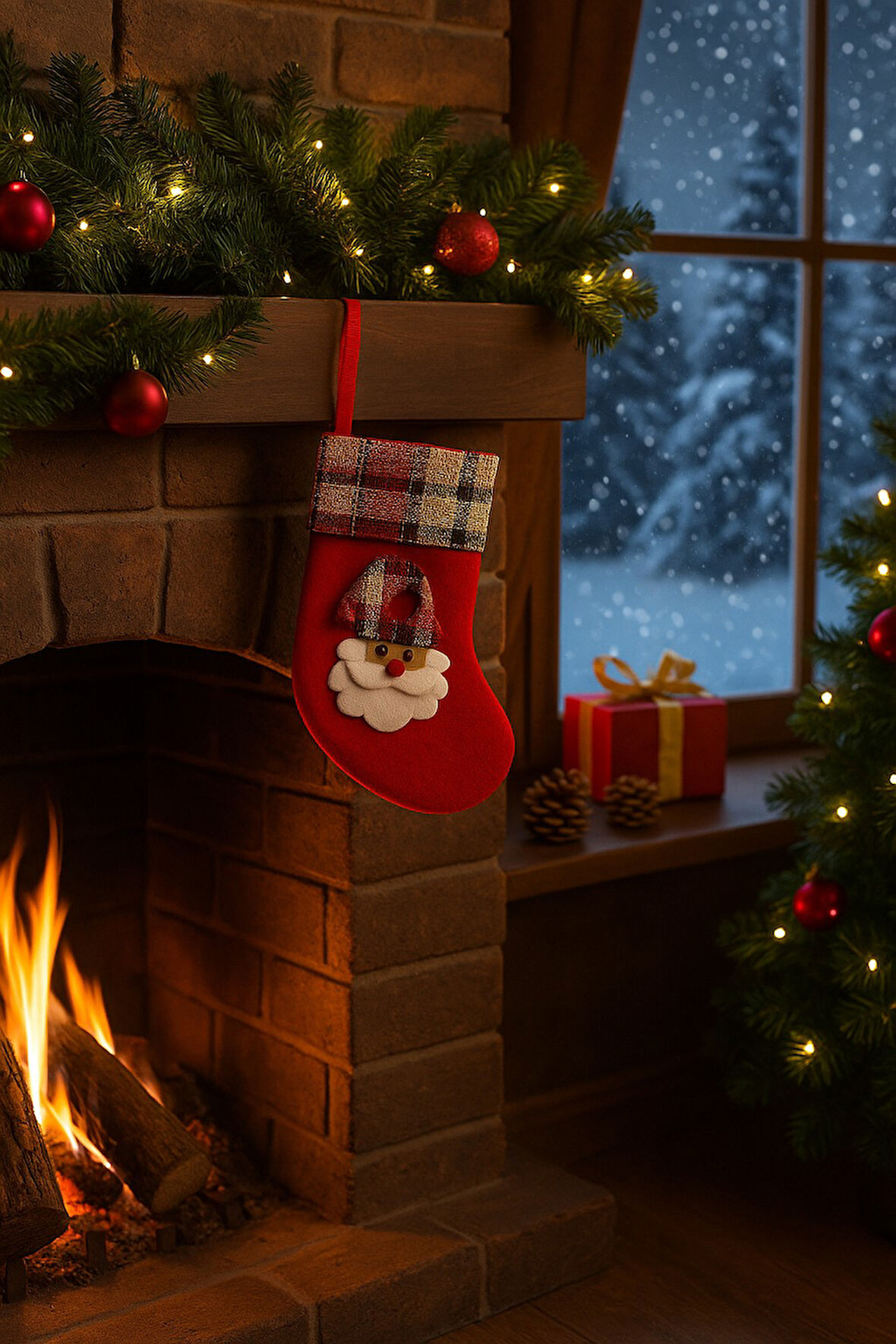 Noel Baba Desenli Kırmızı Mini Keçe Çorap Şömine Yılbaşı Süsü Ev Dekoru Kar Temalı Aksesuar