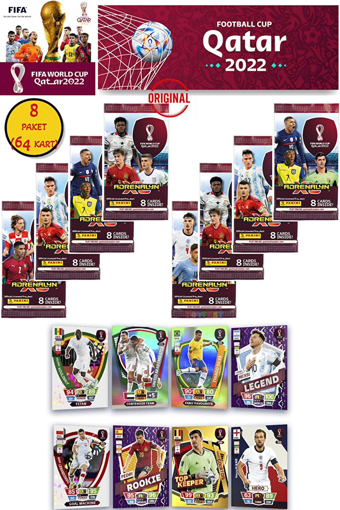 Dünya Kupası Panini FIFA 2022 Adrenalyn XL Qatar World Cup Trading Kartı (8 Paket 64 Kart)