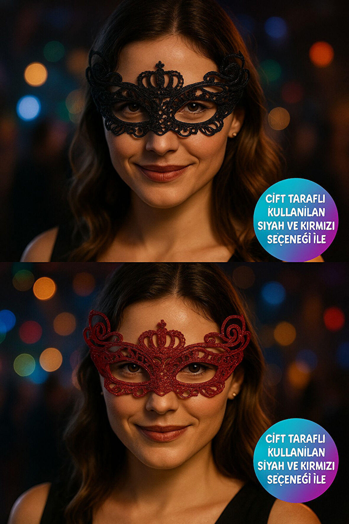 Çift Taraflı Dantelli Siyah Kırmızı Maske Parti Aksesuarı Şık Yüz Maskesi Model - 1