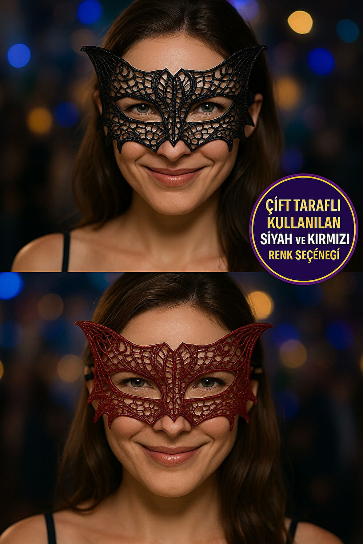 Dantelli Çift Renk Siyah Kırmızı Maske Şık Parti Kostüm Aksesuarı Kadın Yüz Maskesi Model - 6