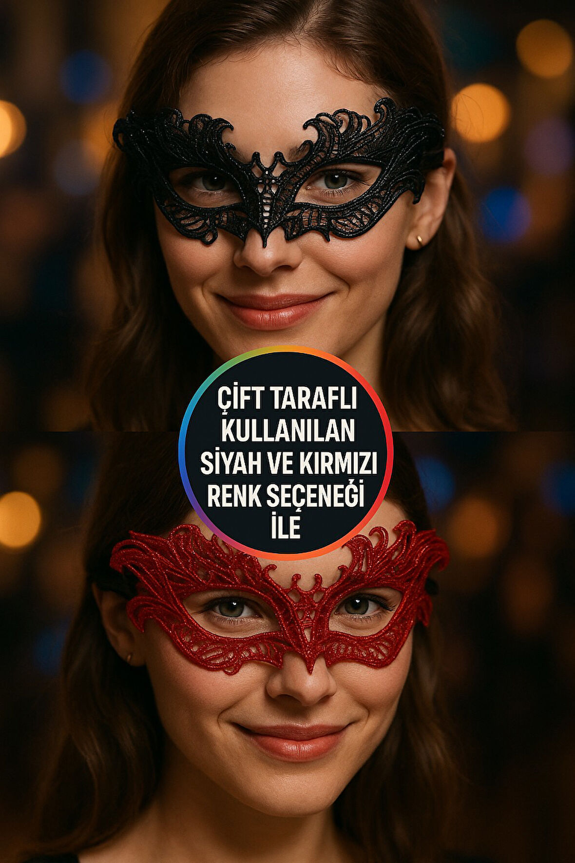 Çift Taraflı Siyah Kırmızı Dantelli Maske Özel Tasarım Parti Aksesuar Model - 8