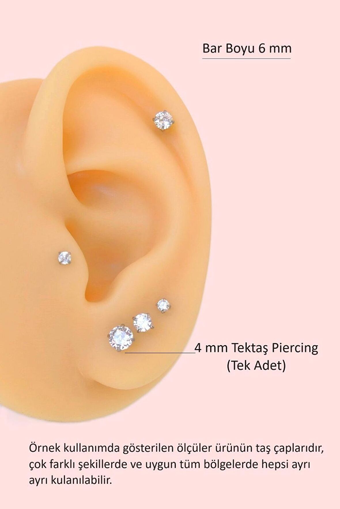 4 mm Tektaşlı 6 mm Çelik Piercing Gümüş Renkli