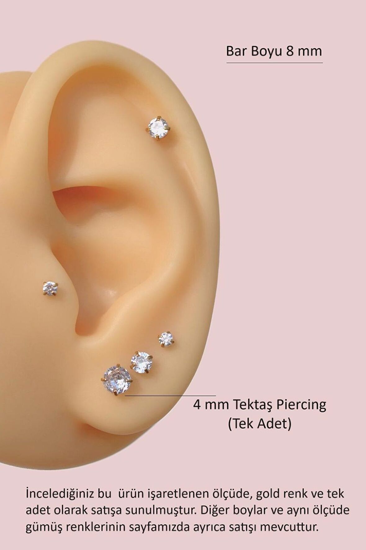 4 mm Tektaşlı 8 mm Çelik Piercing Gold Renkli