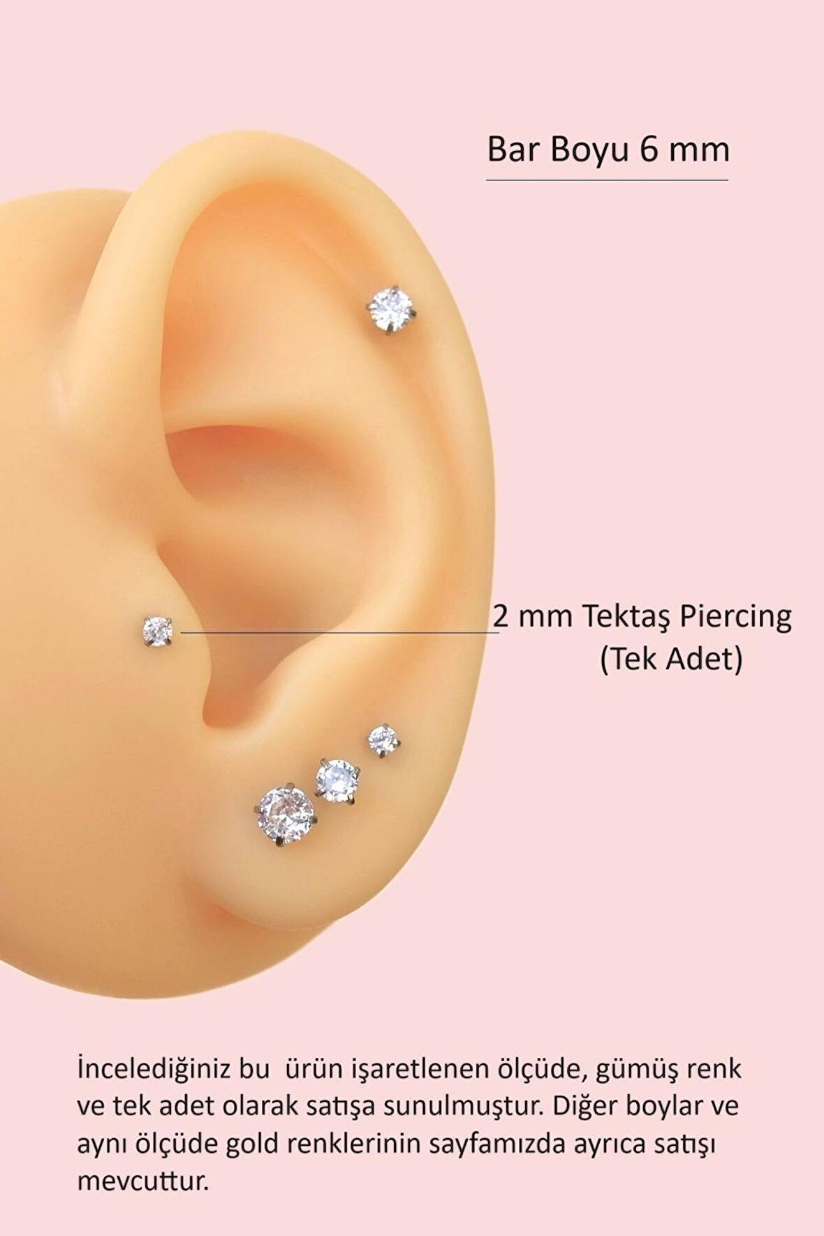 2 mm Tektaşlı 8 mm Çelik Piercing Gümüş Renkli