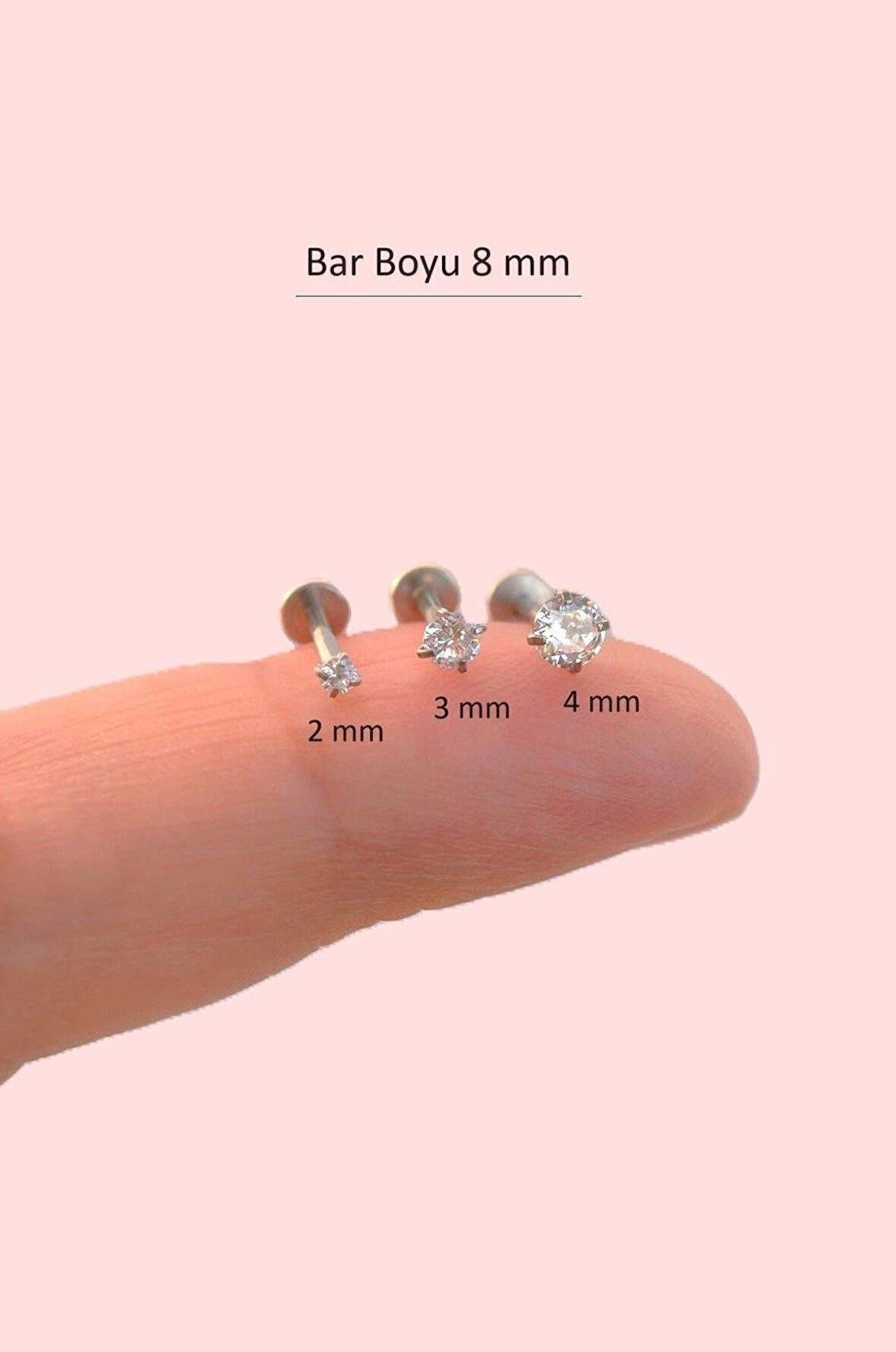 Tektaşlı 3'lü Set Çelik Piercing Tragus Helix Kıkırdak Lob Burun 8 mm Gümüş Renk