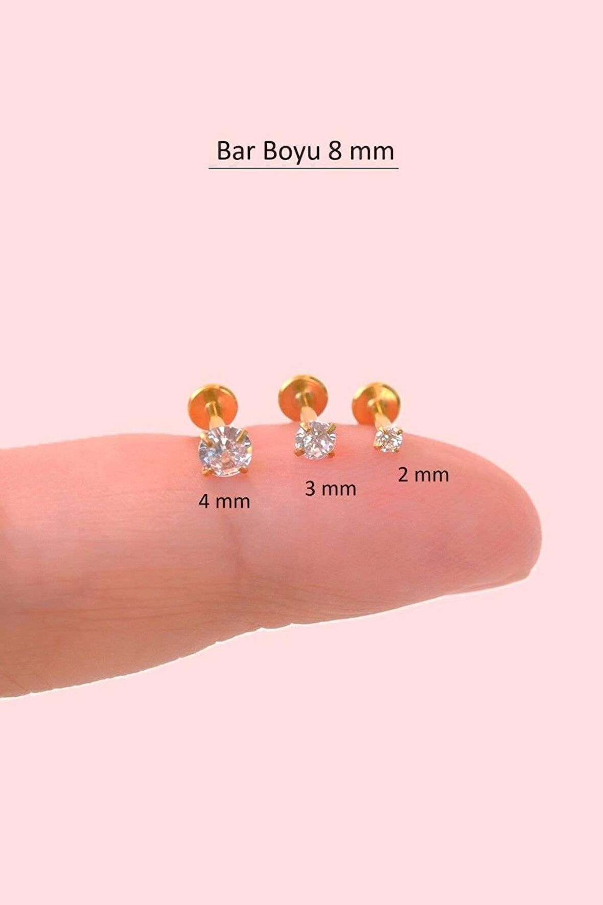 Tektaşlı 3'lü Set Çelik Piercing Tragus Helix Kıkırdak Lob Burun 8 mm Gold