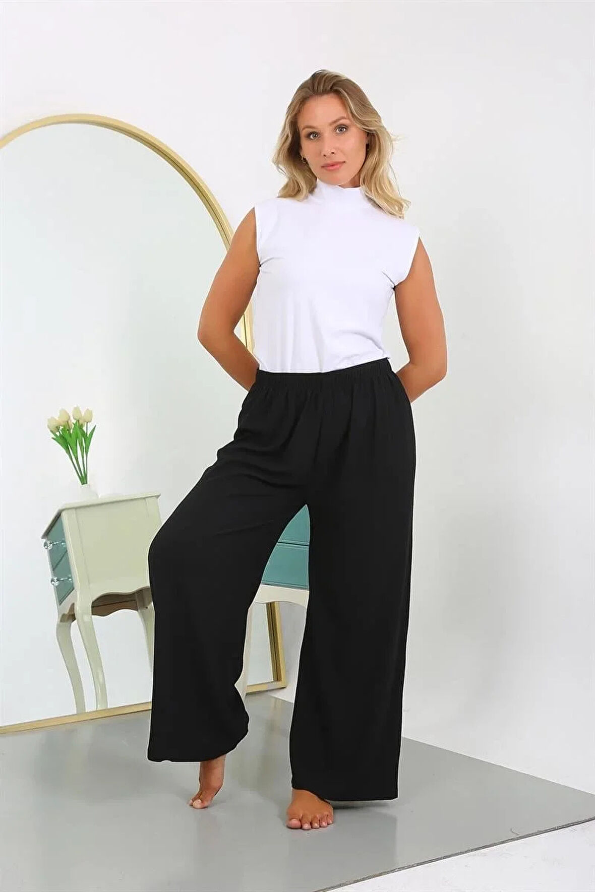 Moda Kadın Büyük Beden Bürümcük Pantolon Siyah