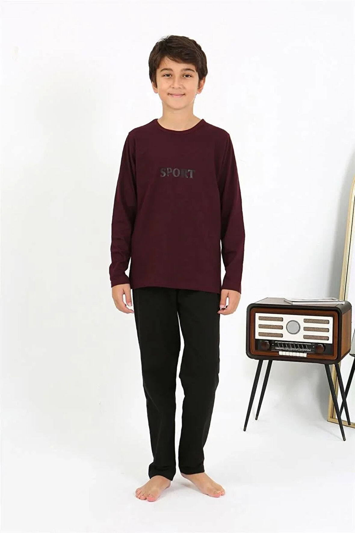 Moda Erkek Çocuk Uzun Kol Penye Pijama Takım Bordo