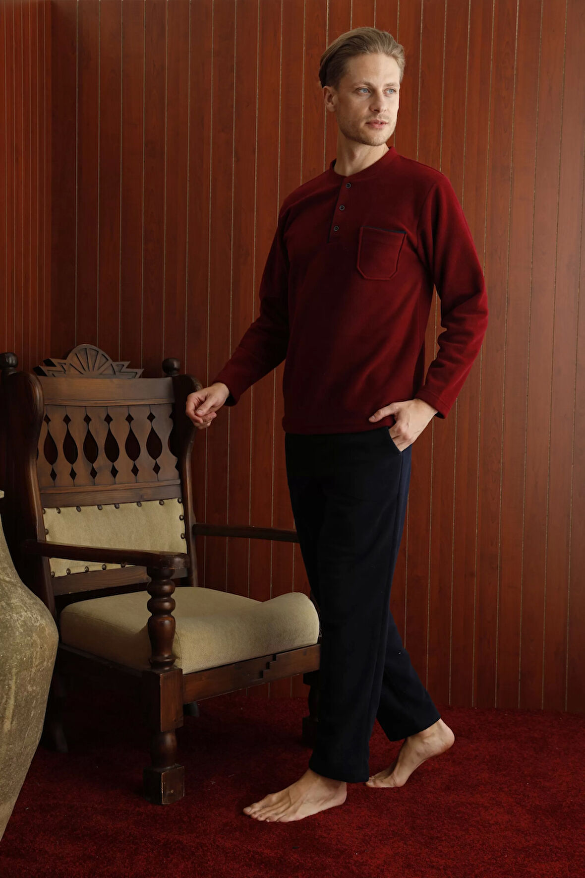 Kocabey 7306 Midi Yaka Polar Uzun Kol Pijama Takım