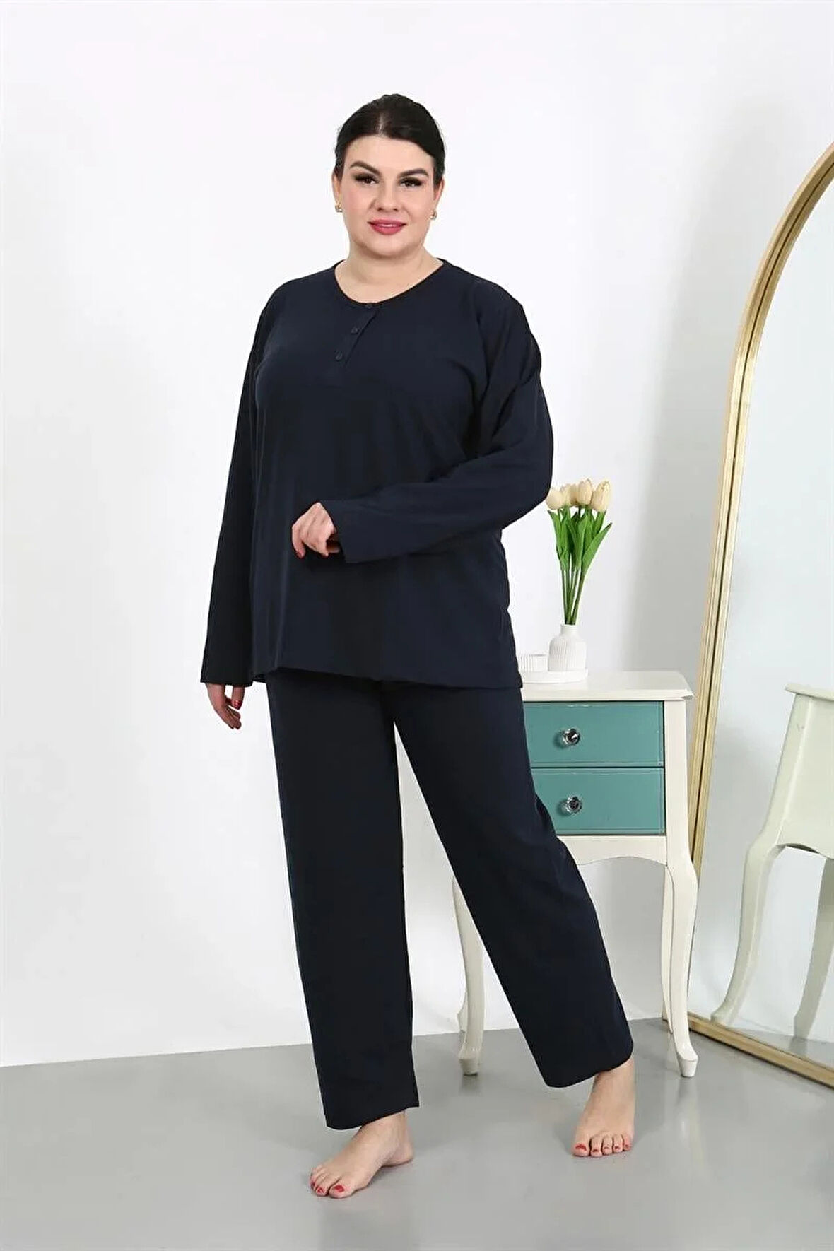 Moda Kadın Büyük Beden Uzun Kol Penye Pijama Takımı Lacivert