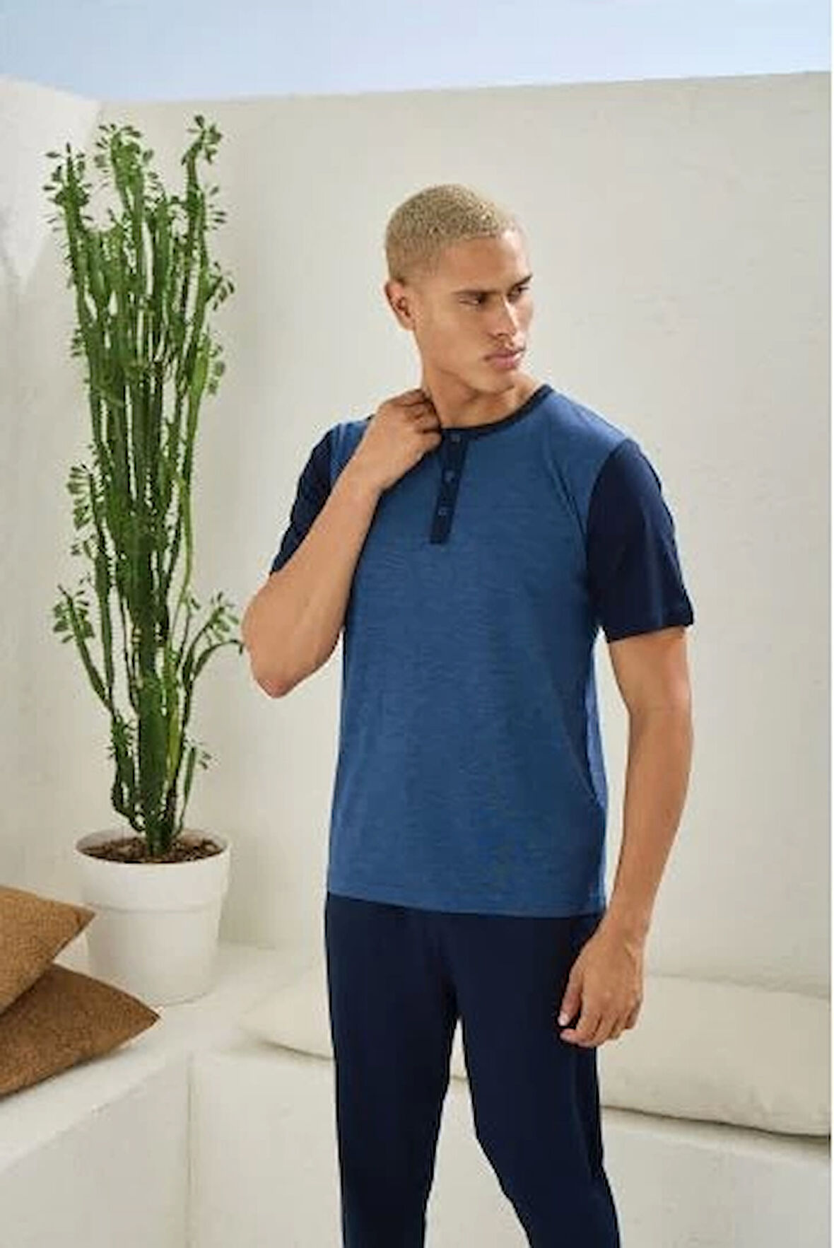 Erkek 2205 Erkek  Battal Midi Yaka Pijama Takım