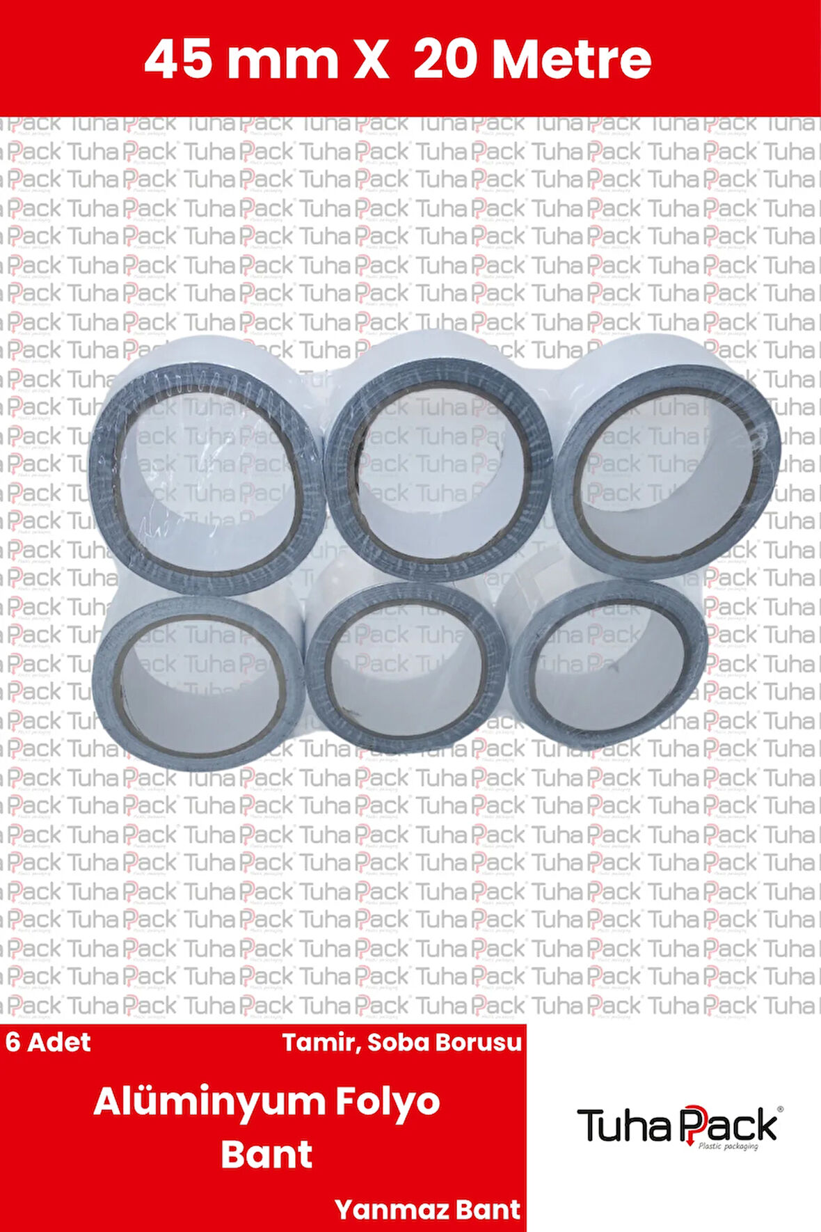 Alüminyum Folyo Bant 45mm X 20m (6 Adet) - Yanmaz, Isıya Dayanıklı, Soba Borusu ve Tamir Bandı