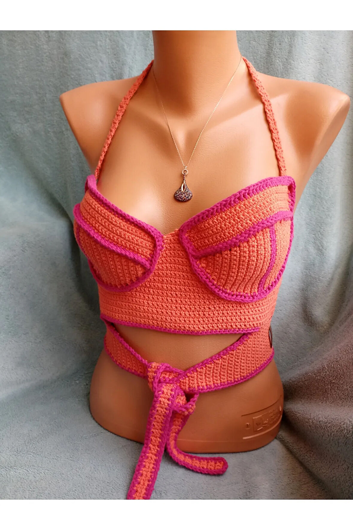 Vip Handmade Turuncu-Pembe Crop Top Büstiyer