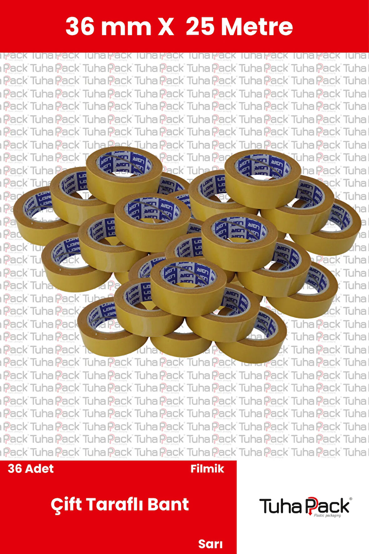 Çift Taraflı Bant 36mm X 25m Şeffaf Filmik (60 Adet) - Güçlü, Şerit Montaj ve Çok Amaçlı Kullanım