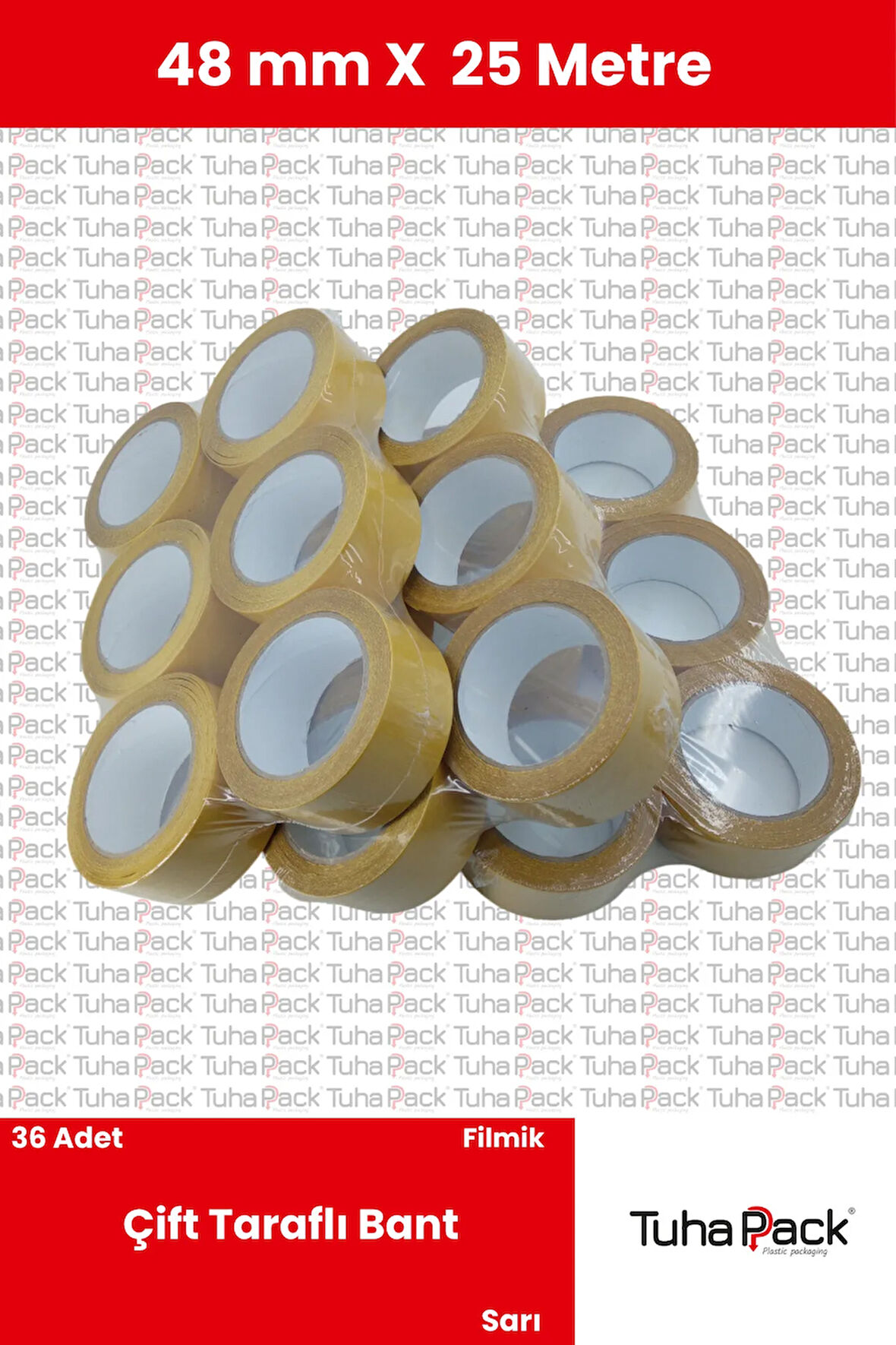 Çift Taraflı Bant 48mm X 25m Şeffaf Filmik (36 Adet) - Güçlü, Şerit Montaj ve Çok Amaçlı Kullanım