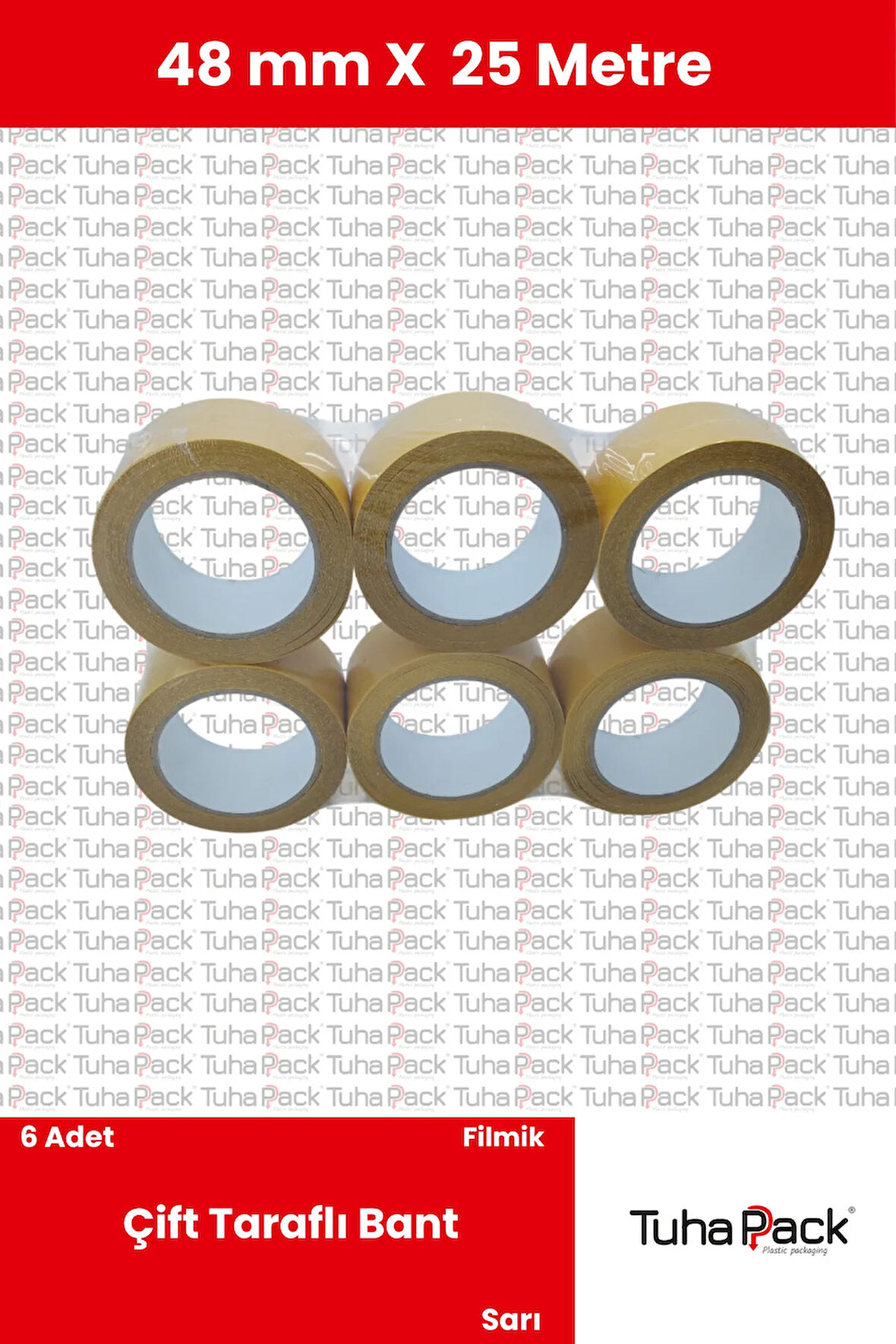 Çift Taraflı Bant 48mm X 25m Şeffaf Filmik (6 Adet) - Güçlü, Şerit Montaj ve Çok Amaçlı Kullanım