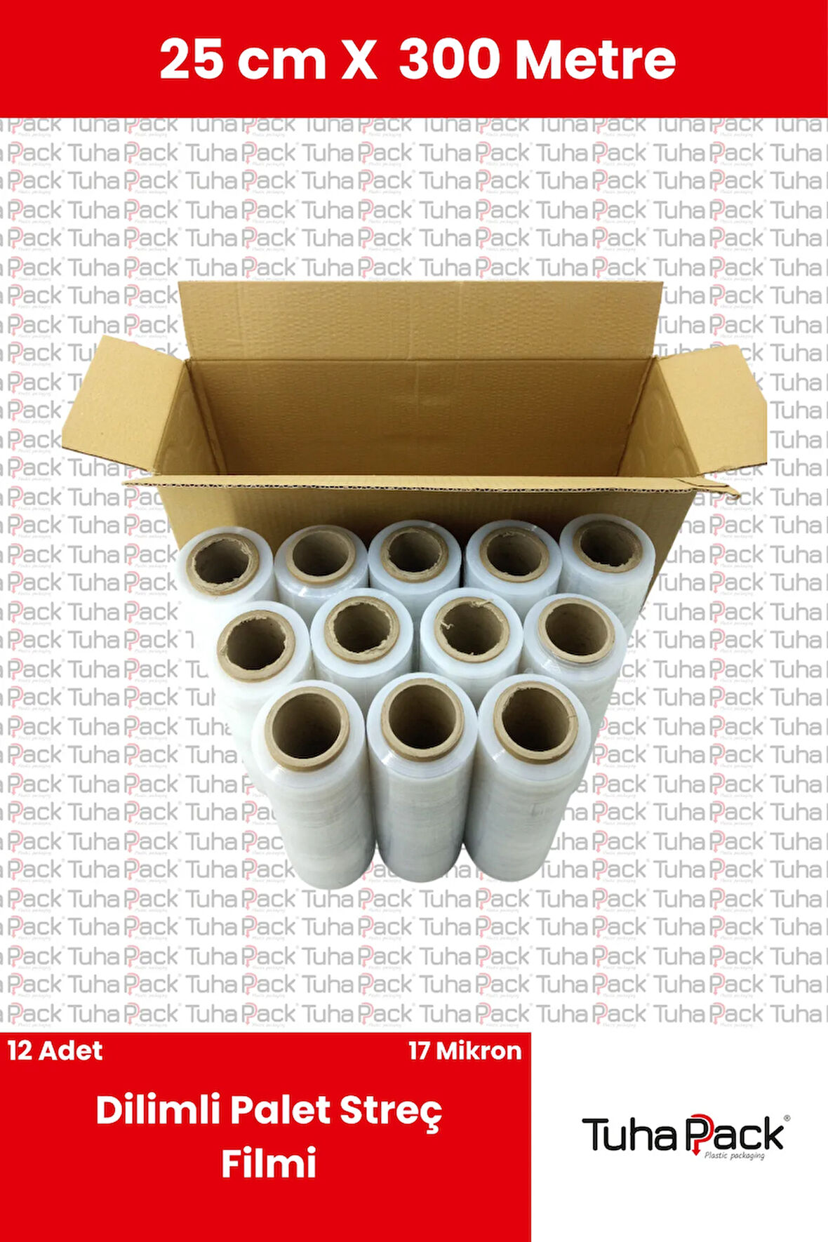 Dilimli Streç Film 25cm x 300m Şeffaf 17 Mikron (12'li Paket) - Palet, Koli ve Ağaç Aşılama Streçi