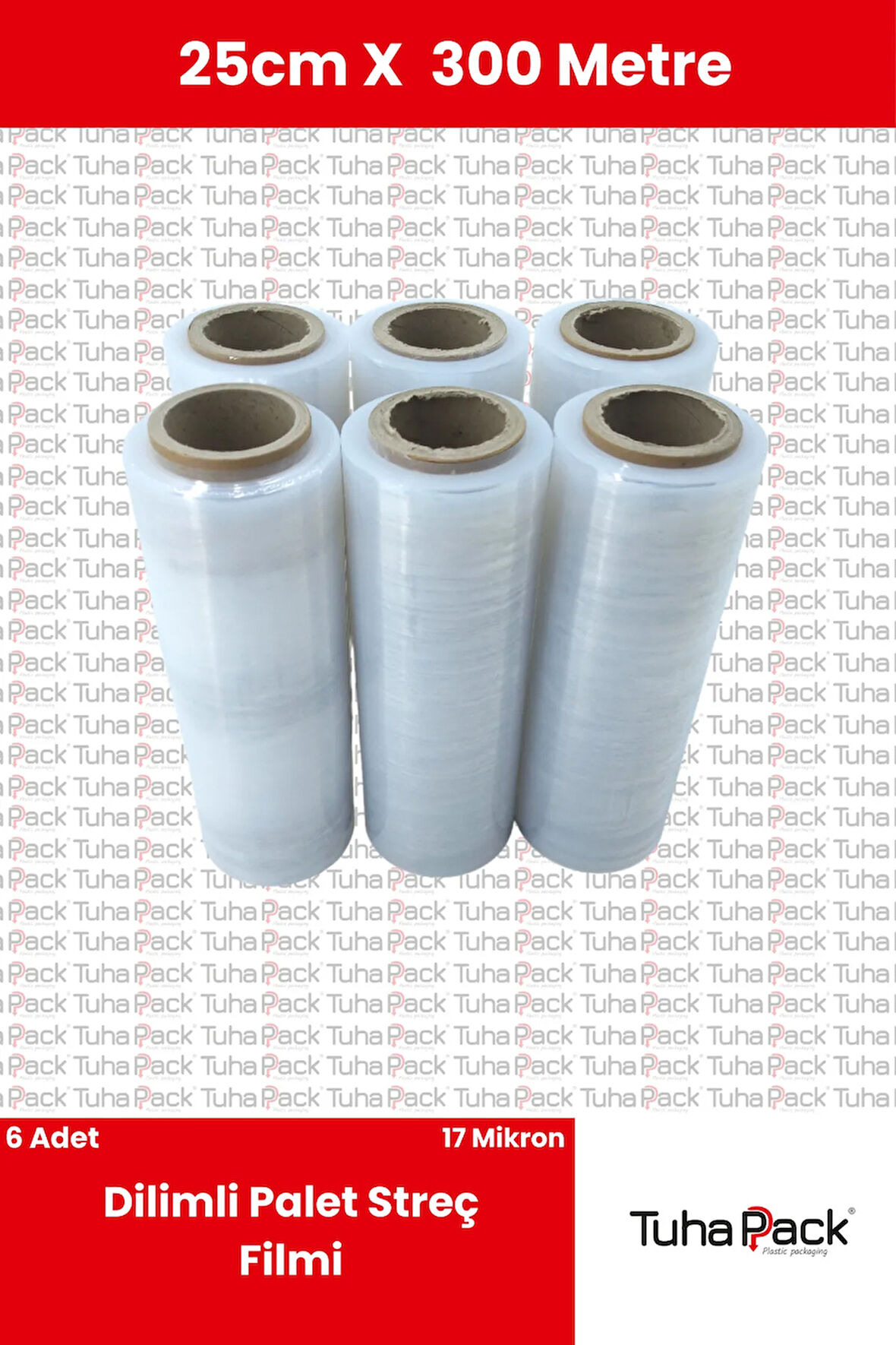 Dilimli Streç Film 25cm x 300m Şeffaf 17 Mikron (6'lı Paket) - Palet, Koli ve Ağaç Aşılama Streçi