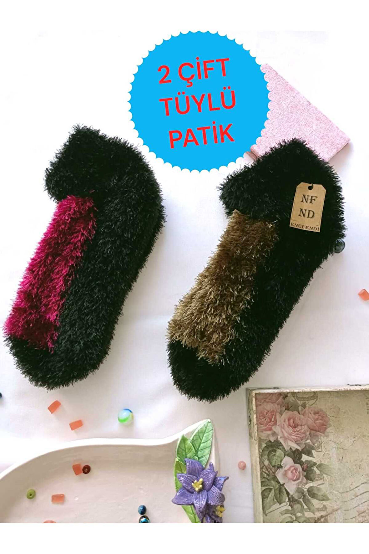 2 ÇİFT TÜYLÜ KIŞLIK TERMAL PATİK  DİKİŞSİZ PELUŞ ÇORAP FUŞYA YEŞİL ERKEK KADIN EV-PARTİ ÇORABI 36-41