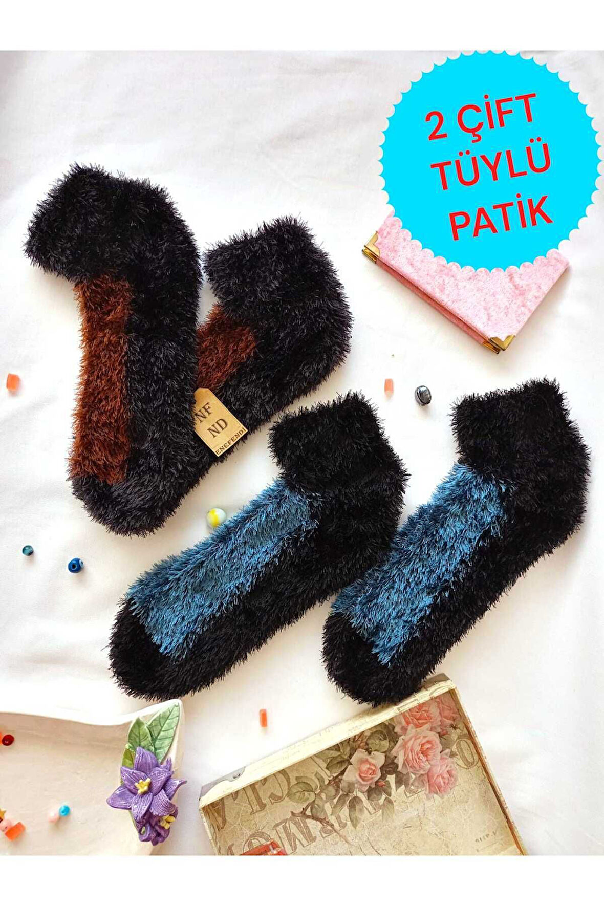 2 ÇİFT TÜYLÜ KIŞLIK TERMAL ÇORAP DİKİŞSİZ PELUŞ PATİK  KAHVE MAVİ ERKEK KADIN EV-PARTİ ÇORABI 36-41