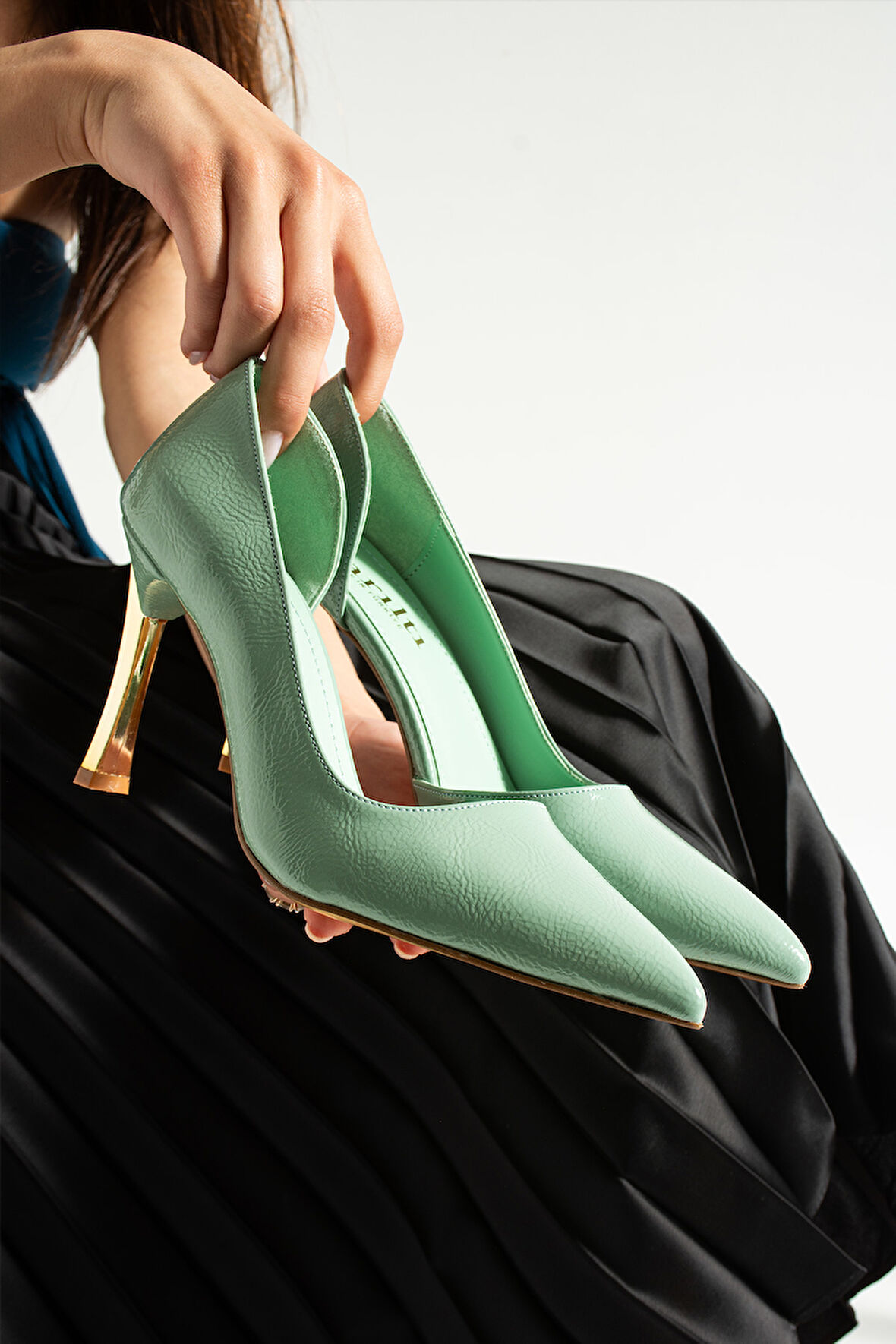 ORPNY Yeşil Rugan Kadın Stiletto Altın 9cm Topuklu Kadın Topuklu Ayakkabı