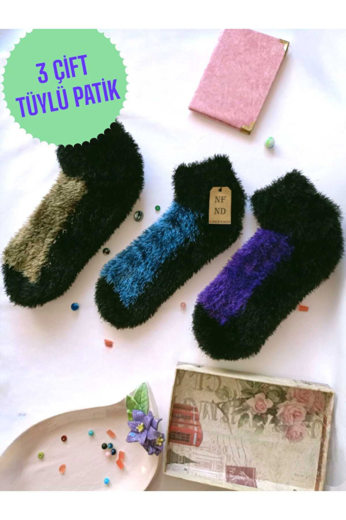 3 ÇİFT TÜYLÜ KIŞLIK TERMAL PATİK DİKİŞSİZ ÇORAP MOR MAVİ YEŞİL ERKEK KADIN EV-PARTİ ÇORABI 36-41