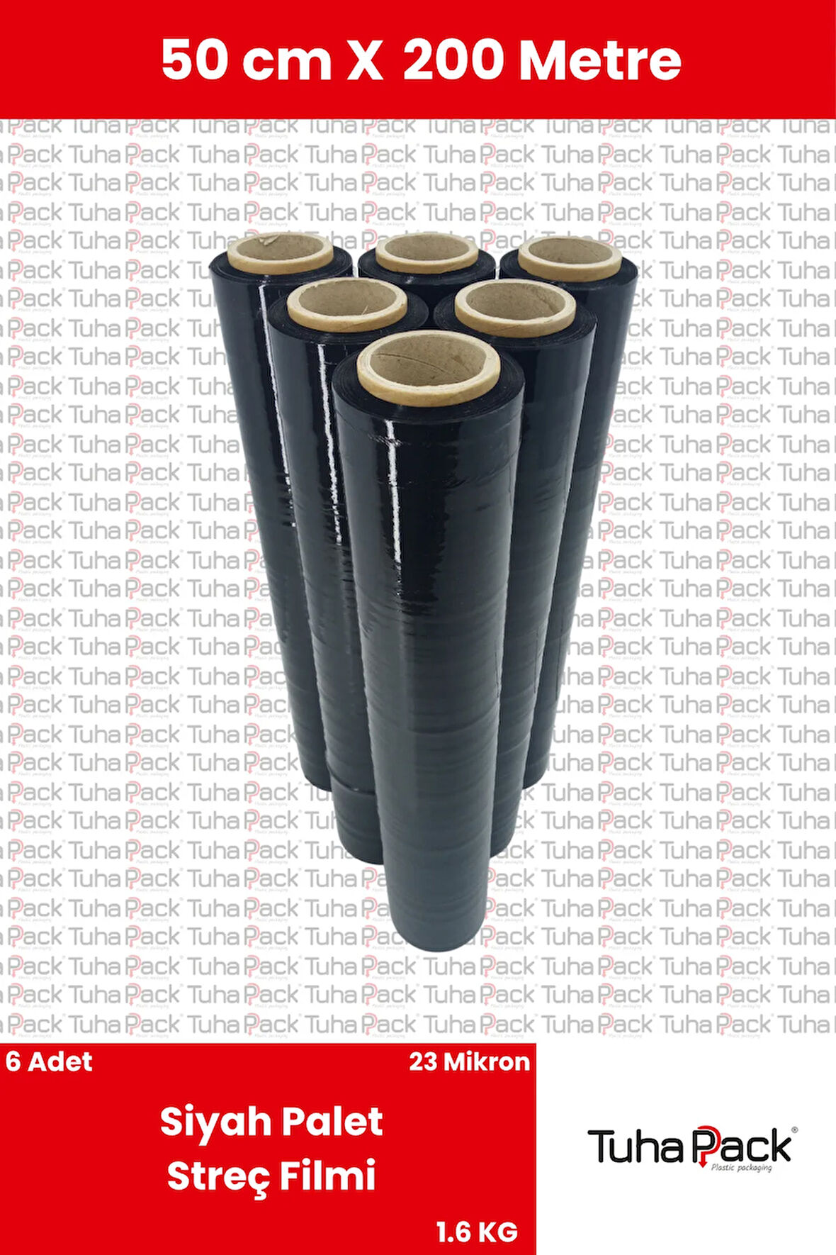 Streç Film 50cm X 200m 6 Adet, Siyah, 23 Mikron, 1600 Gr, Dayanıklı Eşya, Koli ve Palet Streci