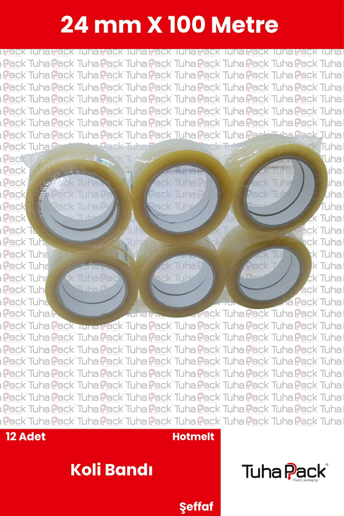 Koli Bandı 24mm X 100m Hotmelt Şeffaf (12 Adet) - Güçlü Yapışkanlı Koli Bandı