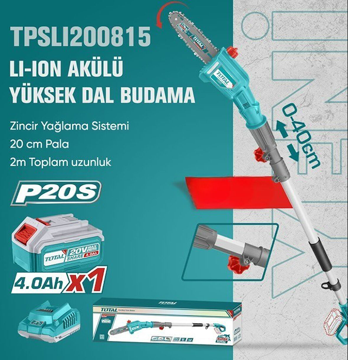 Total TPSLI200815 Akülü Yüksek Dal Budama 4,0 Ah