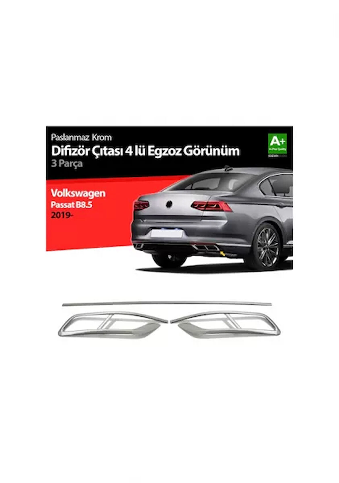 Volkswagen Passat B8.5 2019-2023 Uyumlu Yedek Parça 4'lü R Line 3 Parça Krom Egzoz Görünümü Çıta
