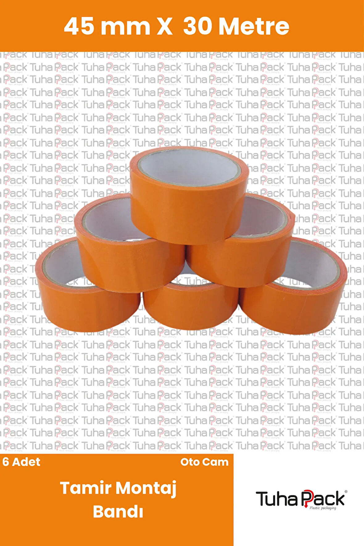 Tamir ve Montaj Bandı 45mm X 30m Turuncu (6 Adet) - Oto Cam Sabitleme ve Çok Amaçlı Güçlü Bant