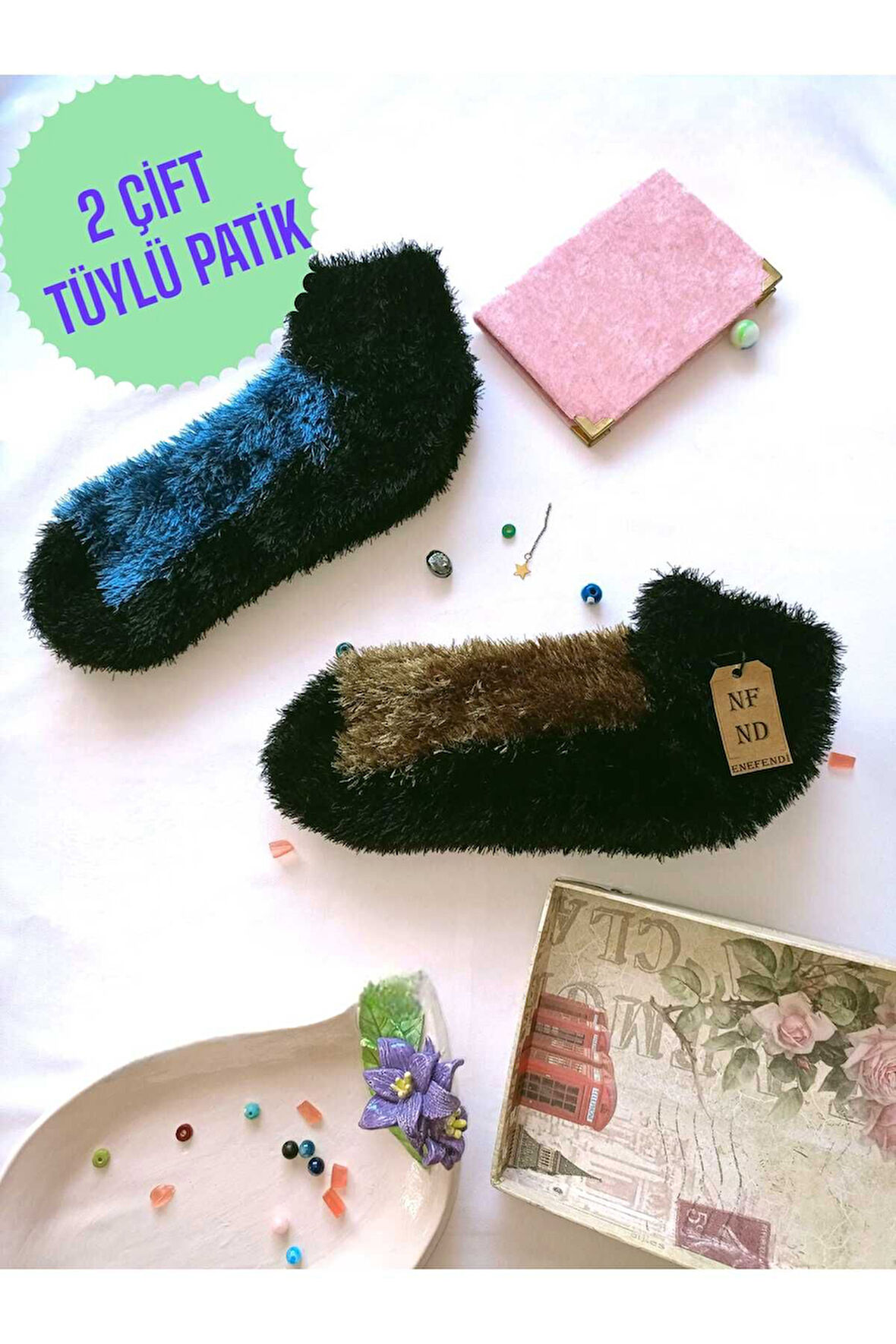 2 ÇİFT TÜYLÜ KIŞLIK TERMAL PATİK DİKİŞSİZ ÇORAP YEŞİL MAVİ ERKEK KADIN EV-PARTİ ÇORABI 36-41