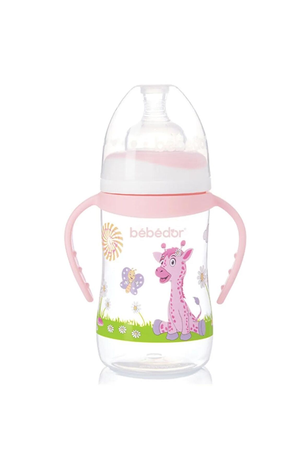 B-89322 Desenli Geniş Ağız Kulplu Biberon 250 Ml Pembe