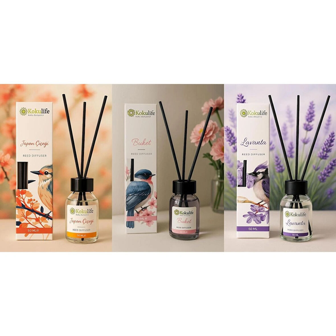 3'LÜ AVANTAJ PAKETİ BUKET- LAVANTA - JAPON ÇİÇEĞİ ÇUBUKLU ODA VE ORTAM KOKUSU 50 ML