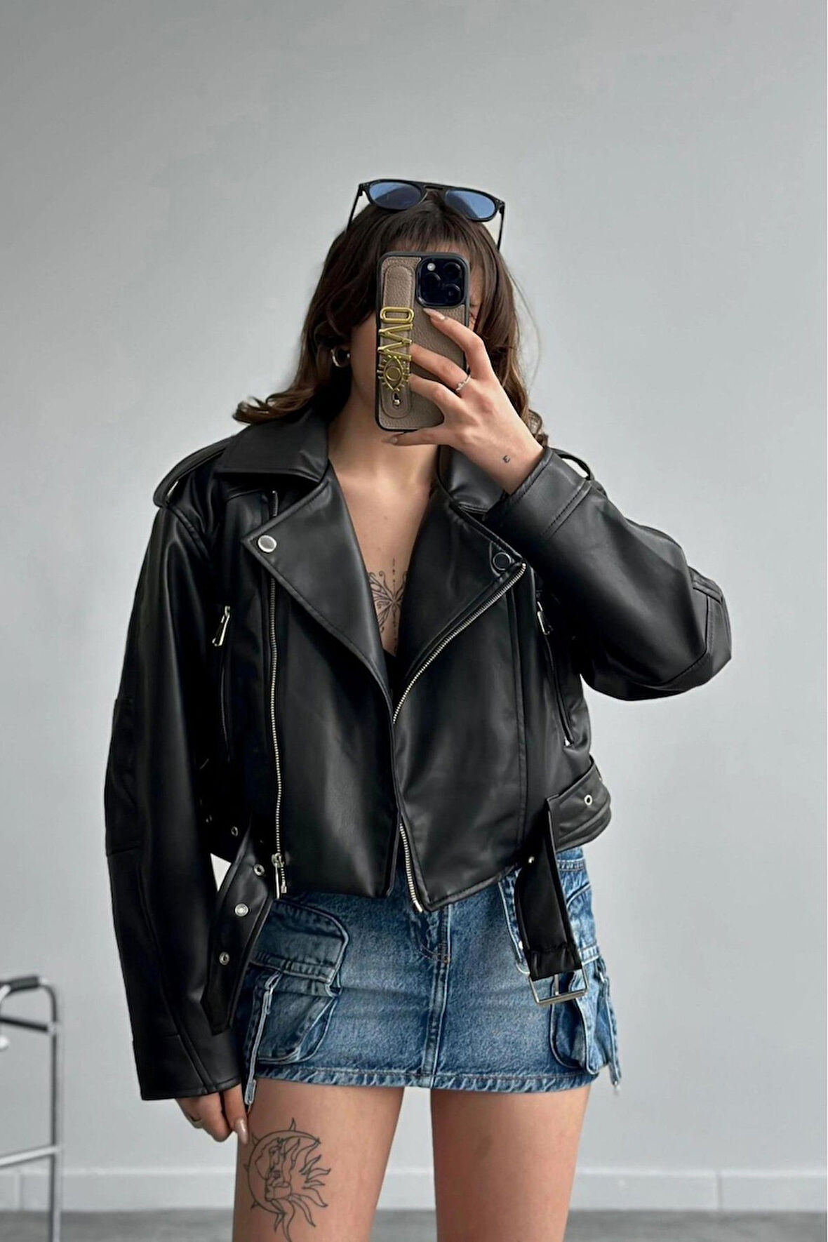 Yeni Sezon Oversize Kadın Siyah Biker Deri Ceket