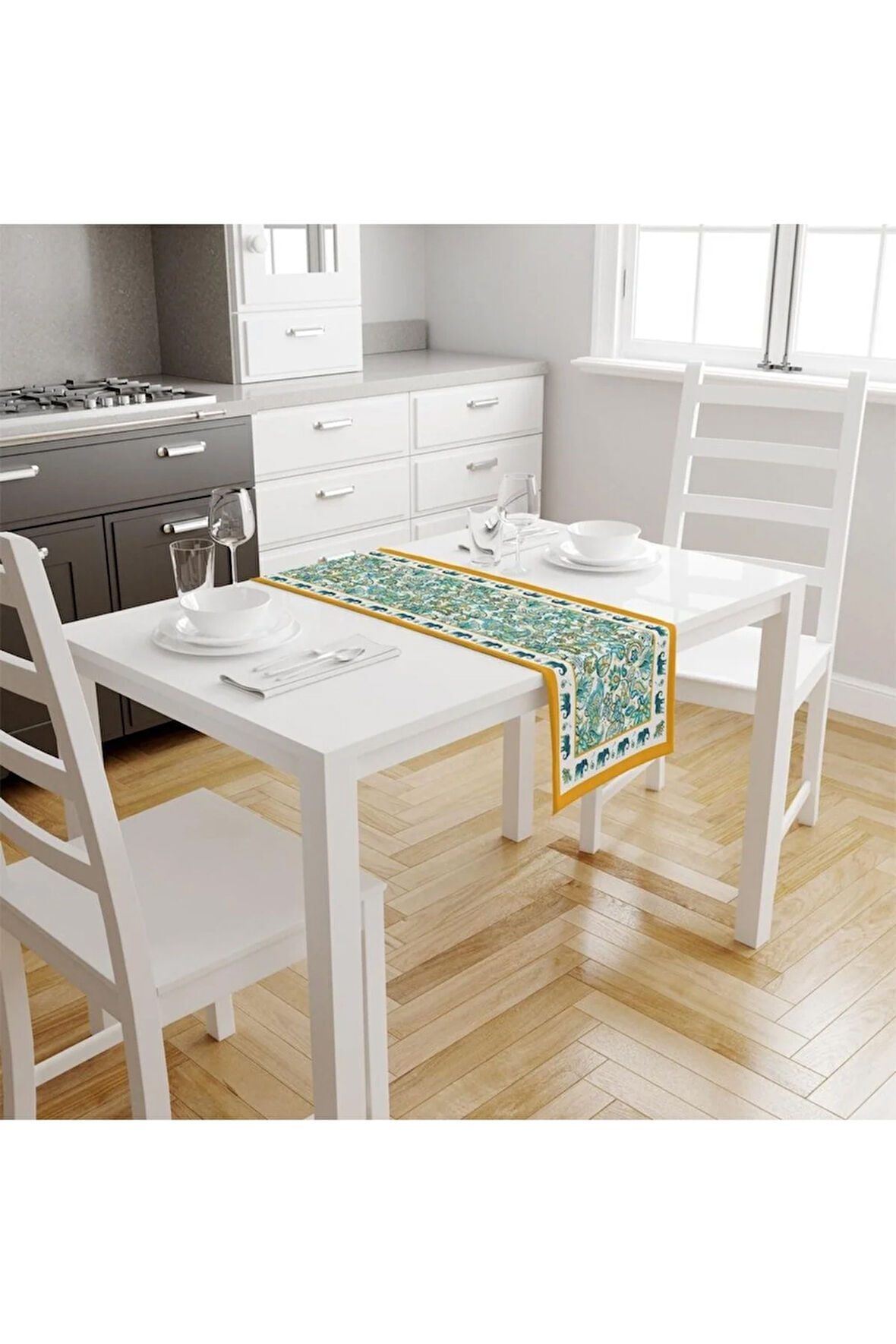 Blue Elephant Runner 140x45cm Mavi Fil Modeli Ince Keten, Uluslararası Yıkama Ve Solmama Sertifikası