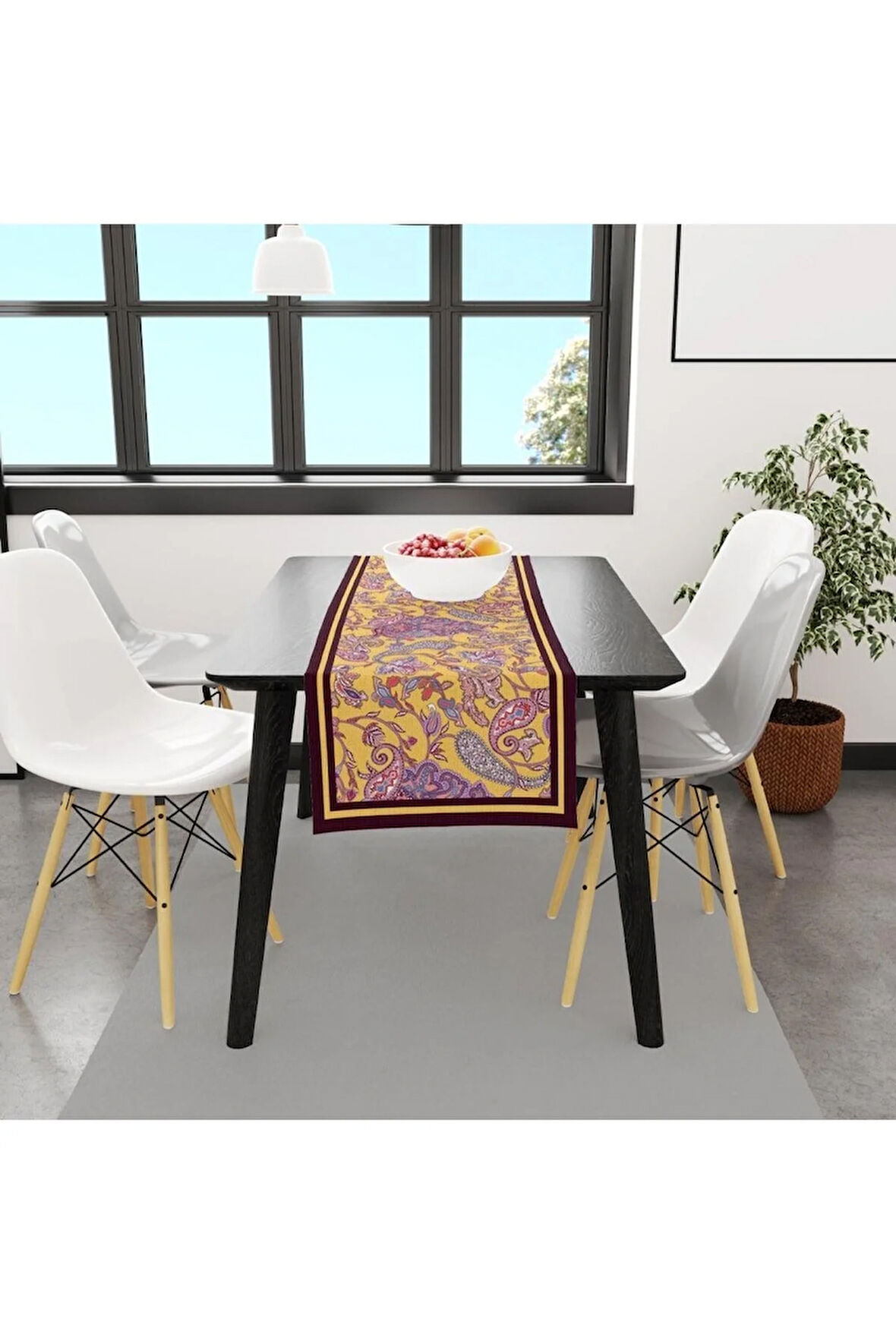 Mor Damask Desen Runner 140x45cm ( Ince Keten, Uluslararası Yıkama Ve Solmama Sertifikası)