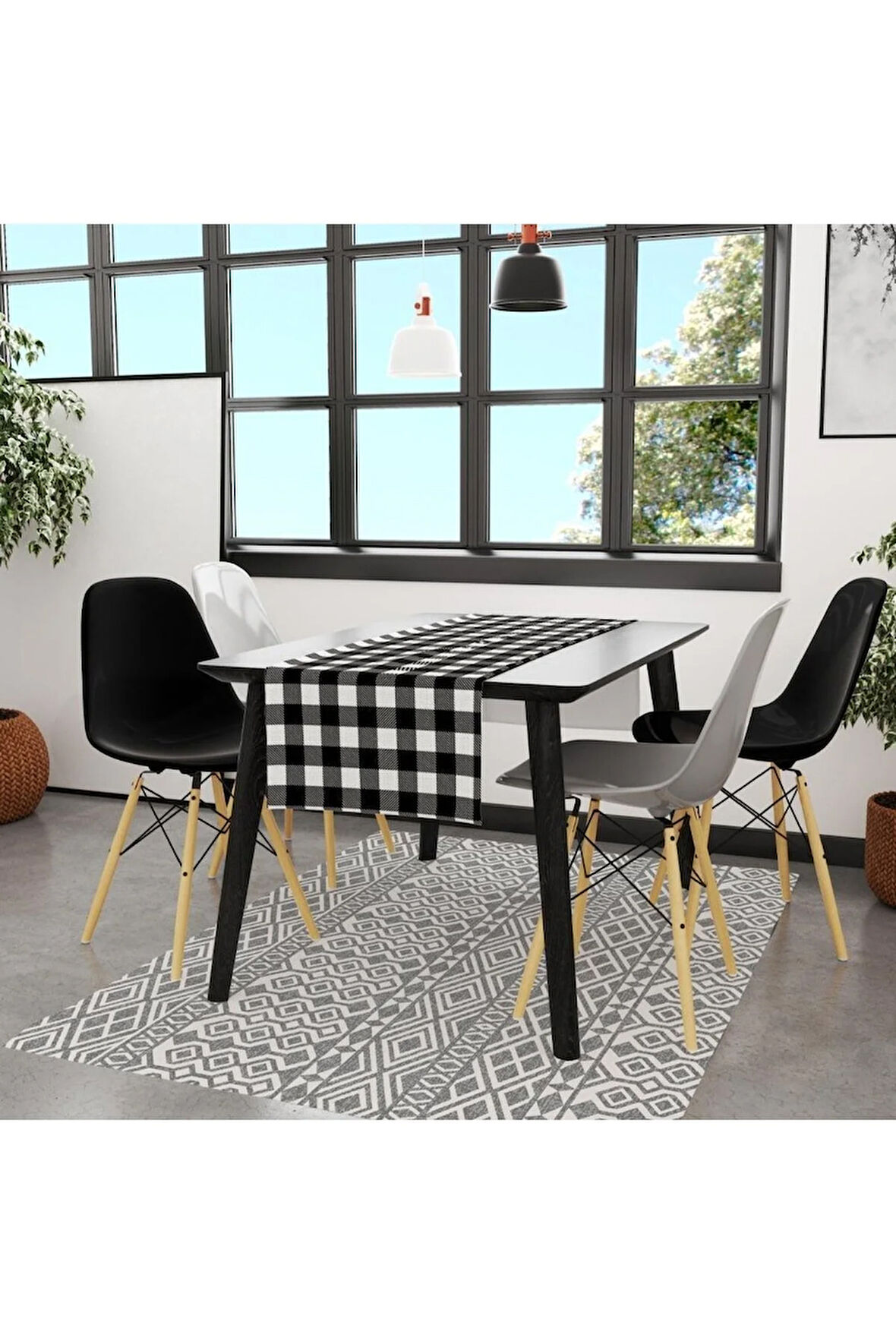 Siyah-beyaz Kare Runner 140x45cm ( Ince Keten, Uluslararası Yıkama Ve Solmama Sertifikası)