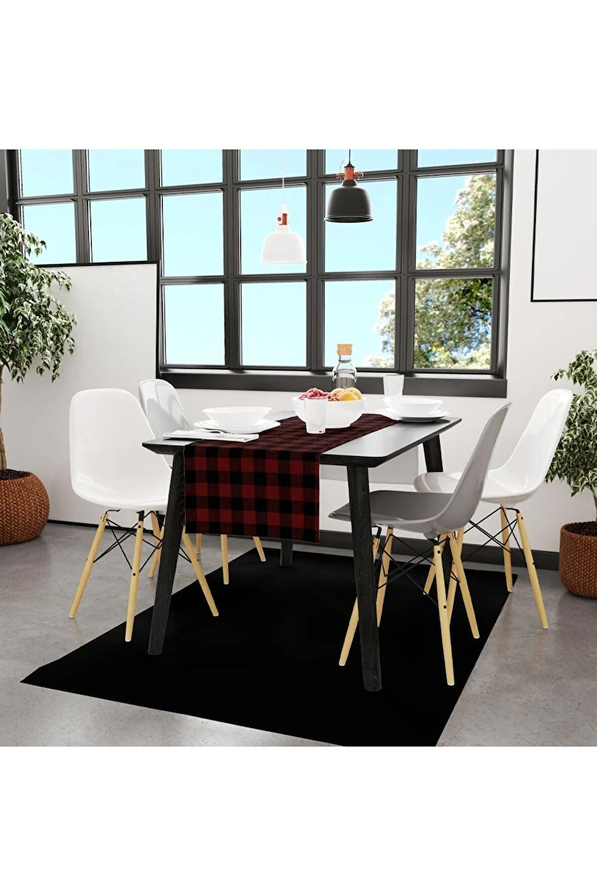 Kırmızı-siyah Kare Runner 140x45cm ( Ince Keten, Uluslararası Yıkama Ve Solmama Sertifikası)