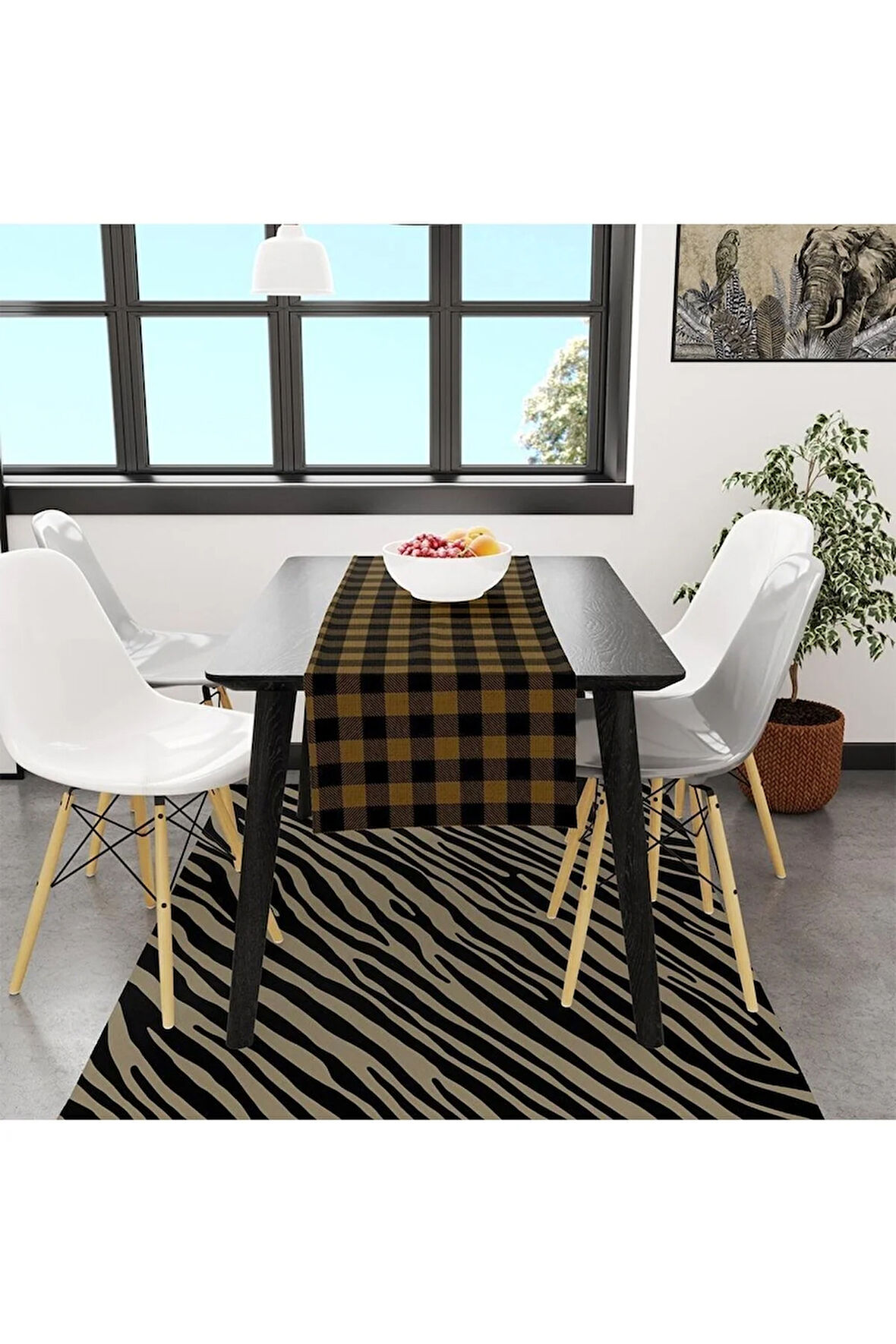 Sarı-Siyah Kare Runner 140x45cm (İNCE KETEN, ULUSLARARASI YIKAMA VE SOLMAMA SERTİFİKASI)