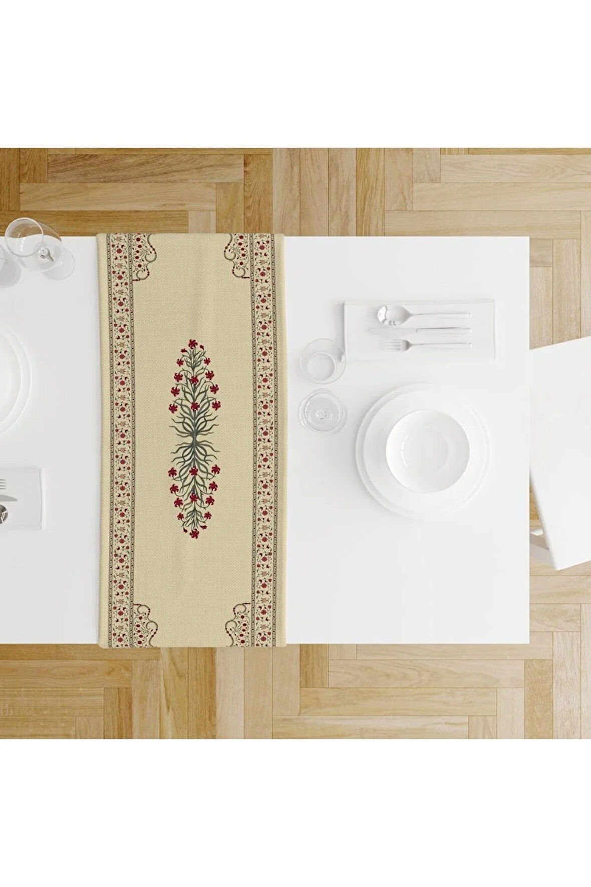 Red Tulip Runner 140x45cm (lale Desenli, Ince Keten, Uluslararası Yıkama Ve Solmama Sertifikası)