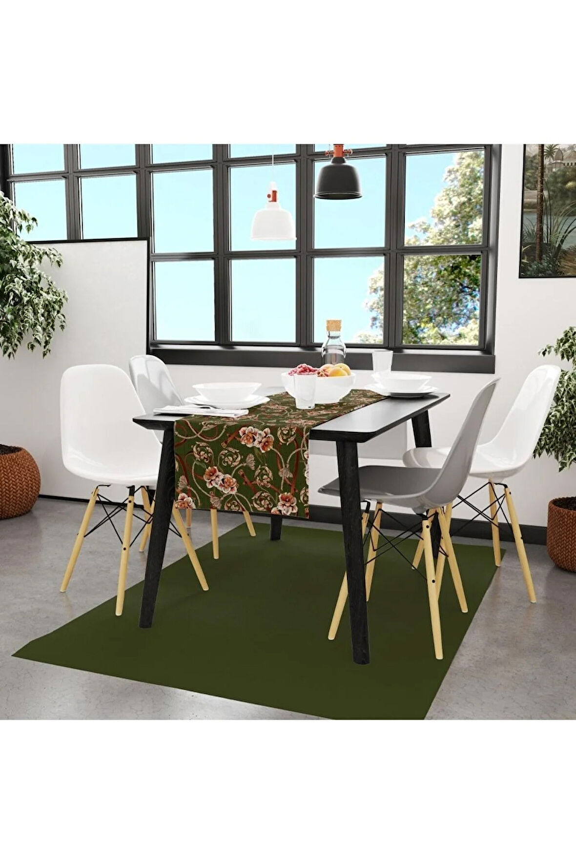 Green Daisy Runner 140x45cm ( Ince Keten, Uluslararası Yıkama Ve Solmama Sertifikası)