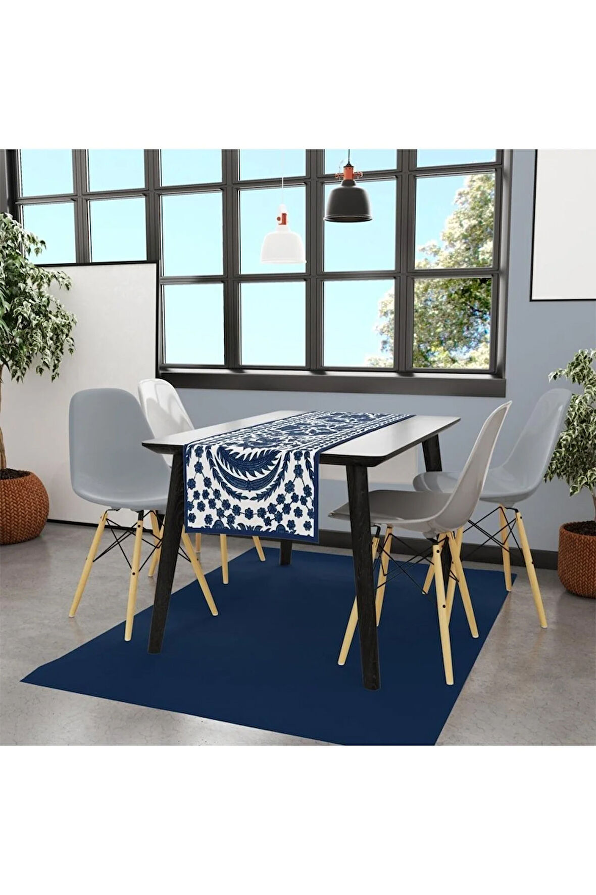 Blue Daisy Runner 140x45cm (Mavi Papatyalar, Ince Keten Uluslararası Yıkama Ve Solmama Sertifikası)