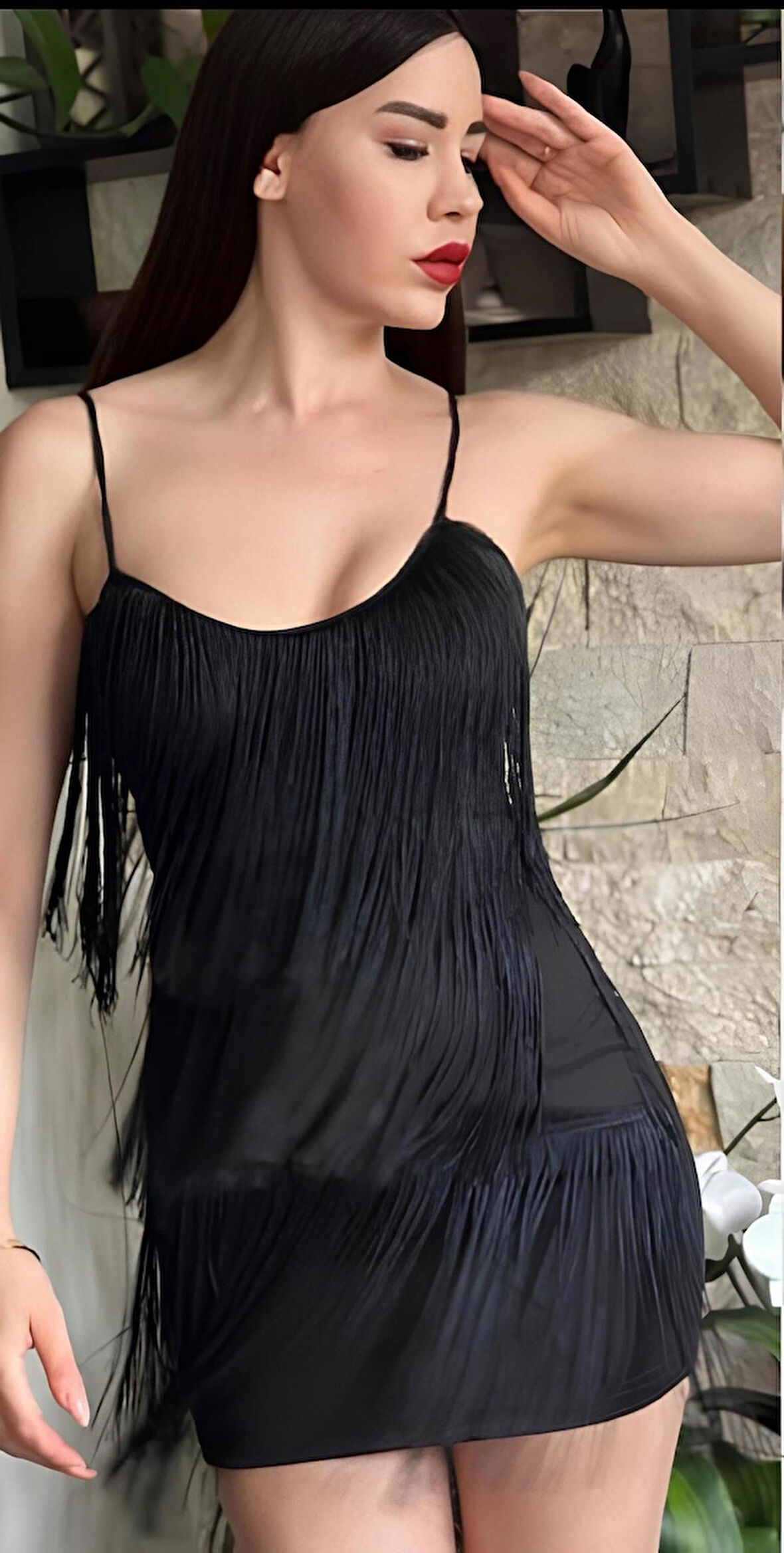 Siyah püsküllü midi elbise 