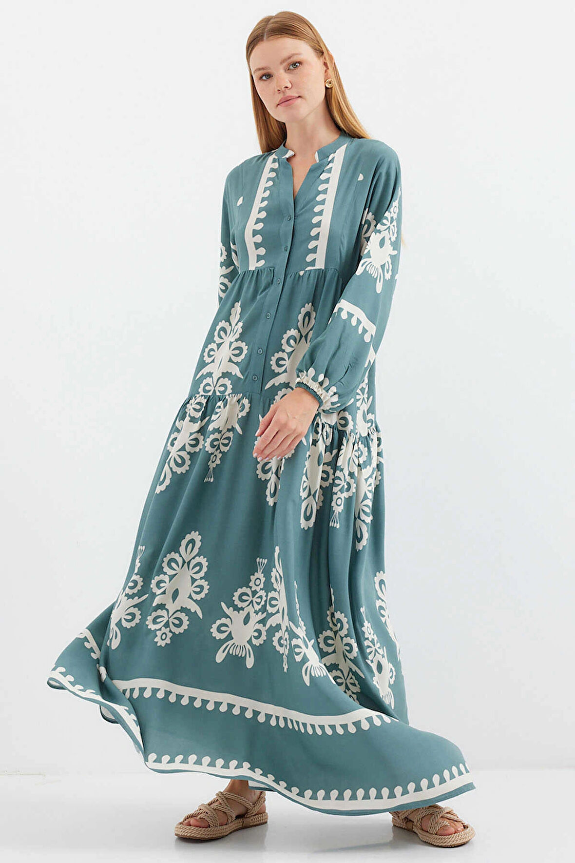 Otantik Desenli Tesettür Elbise - Mint Yeşili