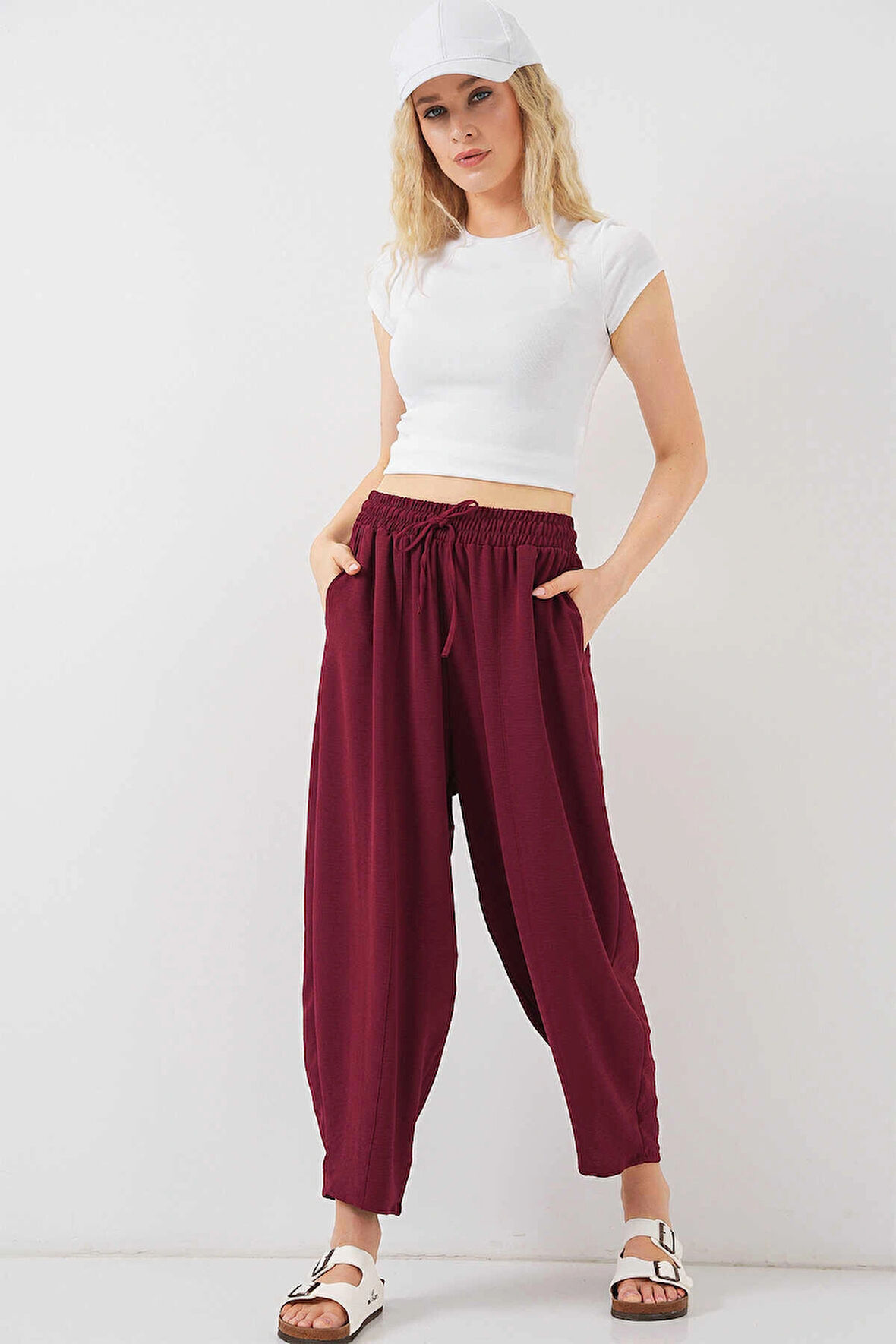 Dokuma Şalvar Pantolon - Bordo