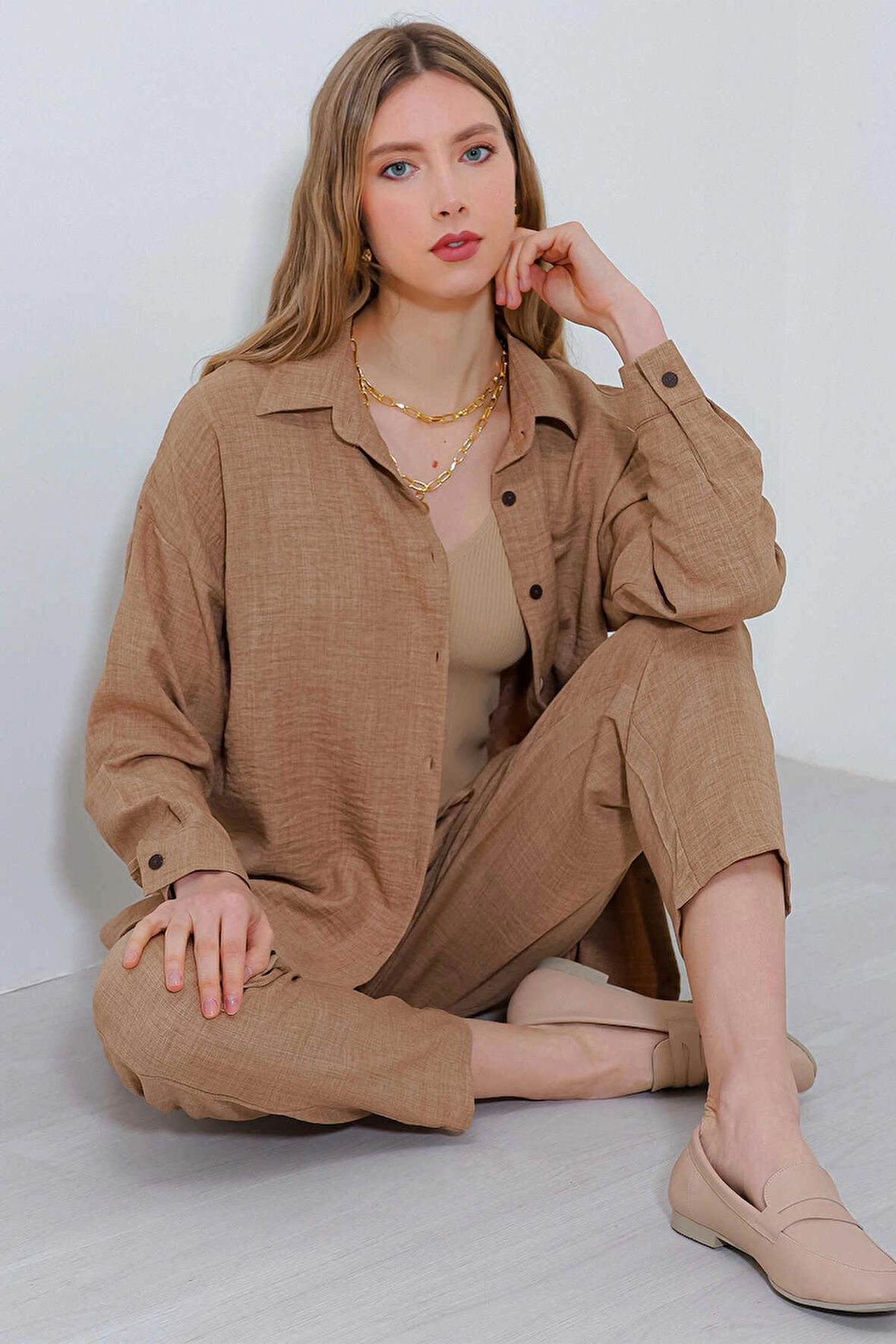 Oversize Rahat Kalıp Keten Alt Üst Takım - Camel